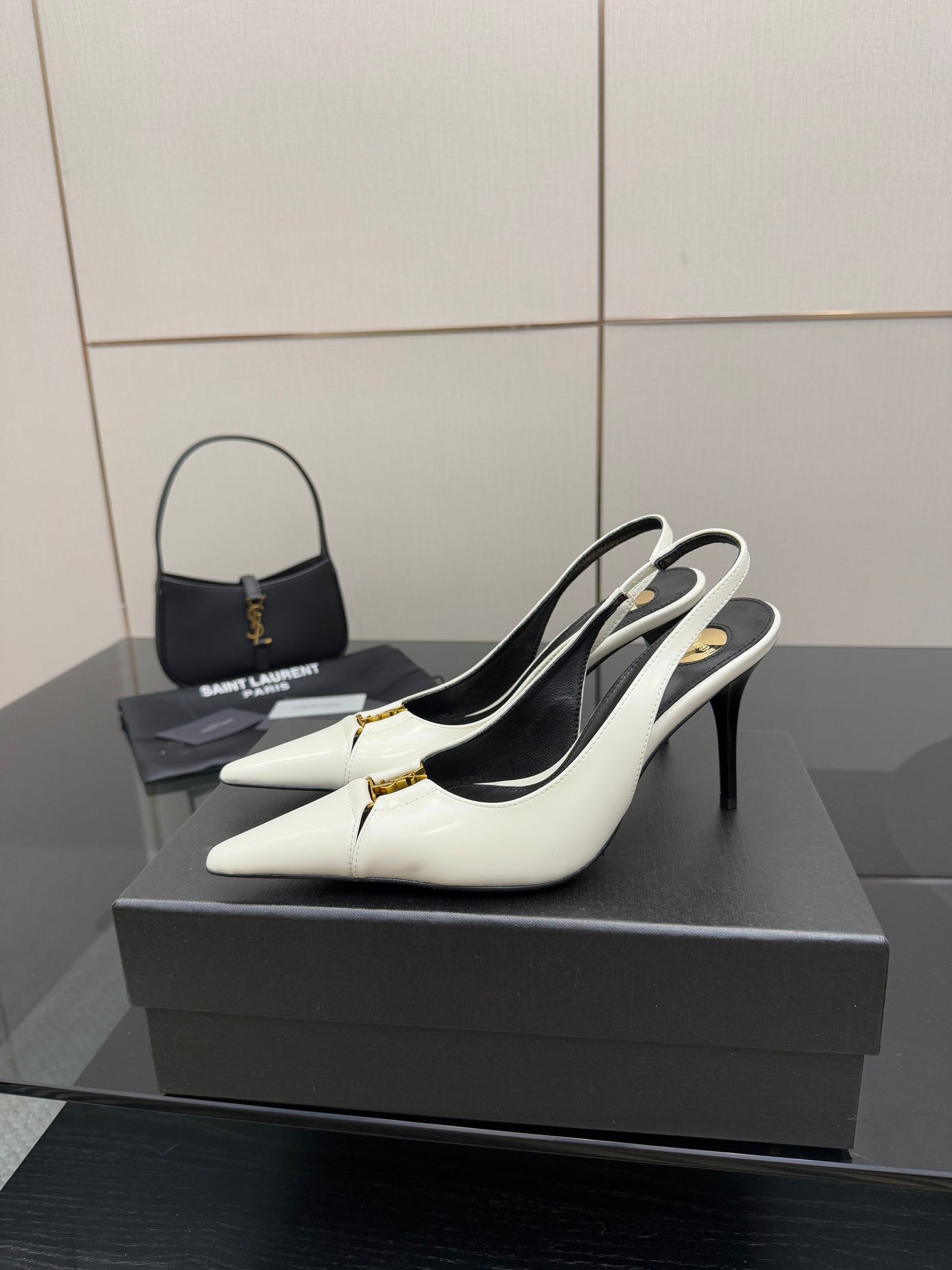 YSL 25S SLINGBACK HIGH HEELS 90 MM IN WHITE LAMBSKIN WITH GOLD HARDWARE STYLE 6 - 35