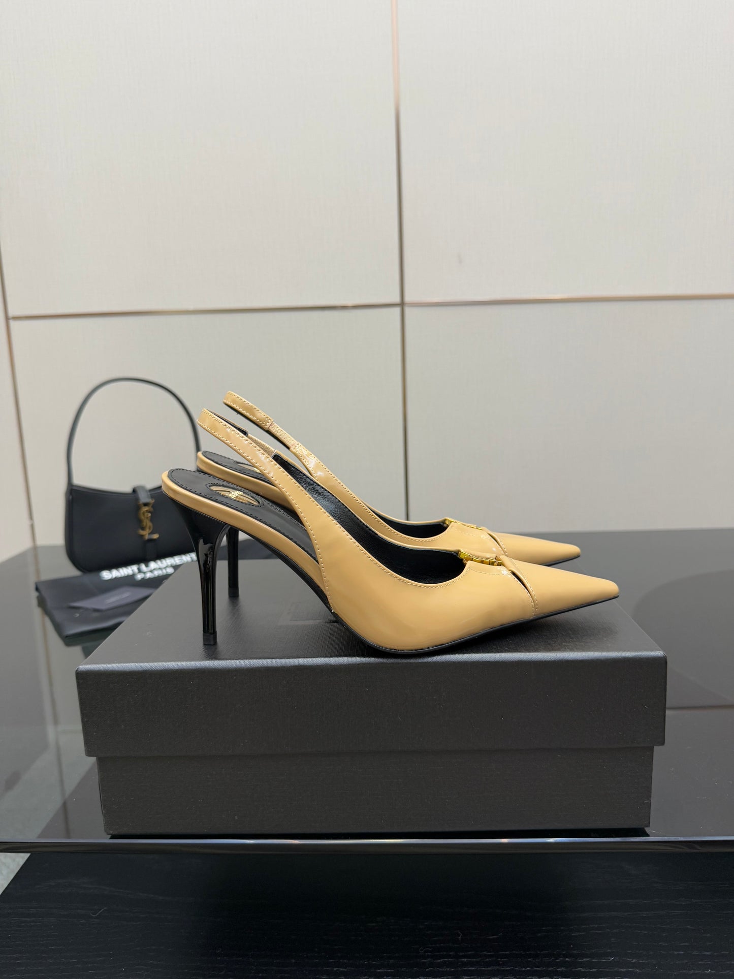YSL 25S SLINGBACK HIGH HEELS 90 MM IN DARK BEIGE LAMBSKIN WITH GOLD HARDWARE STYLE 5 - 35