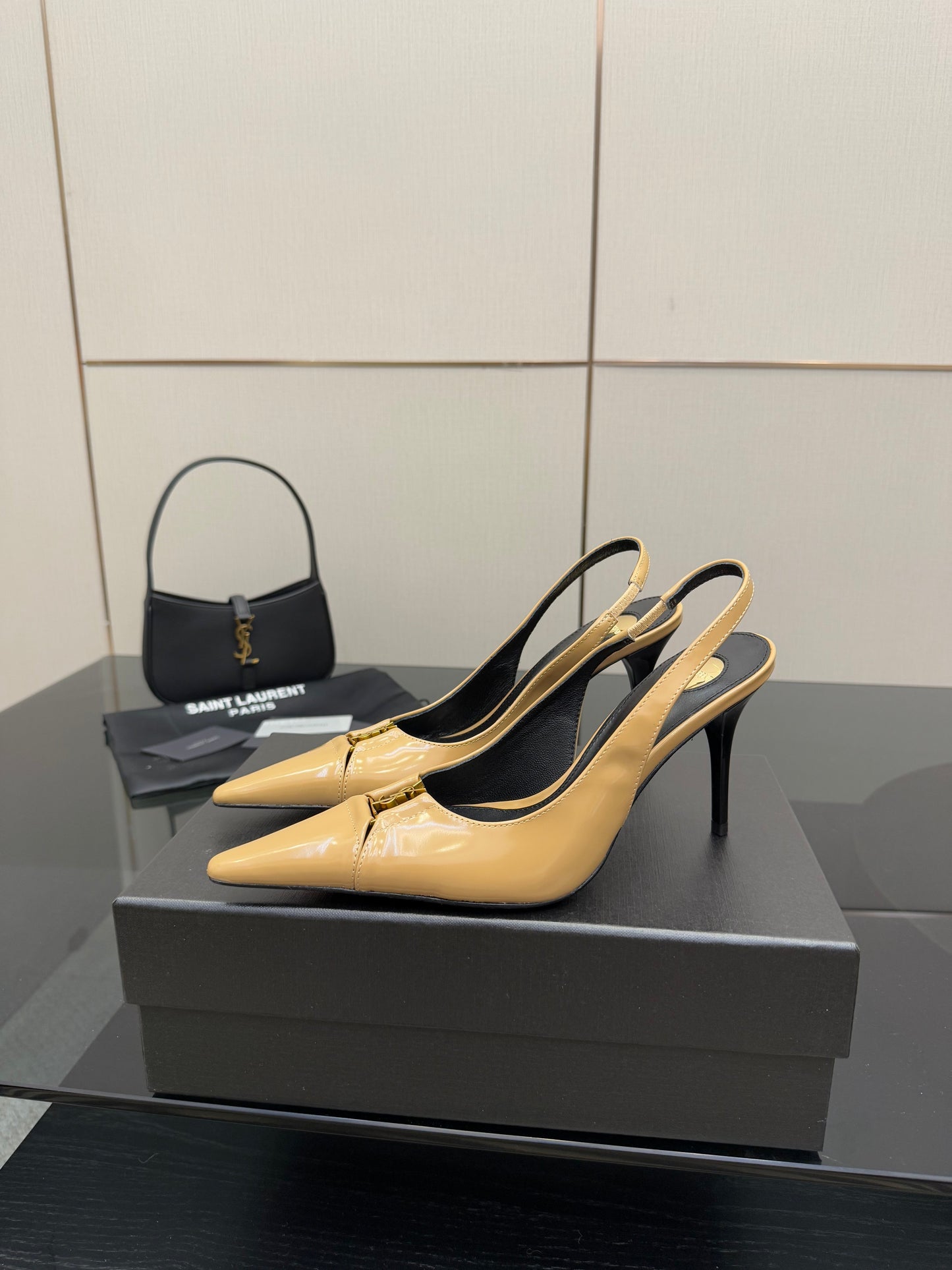YSL 25S SLINGBACK HIGH HEELS 90 MM IN DARK BEIGE LAMBSKIN WITH GOLD HARDWARE STYLE 5 - 35