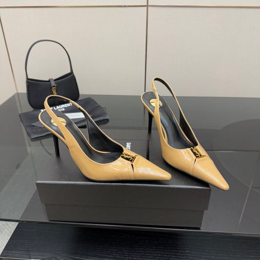 YSL 25S SLINGBACK HIGH HEELS 90 MM IN DARK BEIGE LAMBSKIN WITH GOLD HARDWARE STYLE 5 - 35