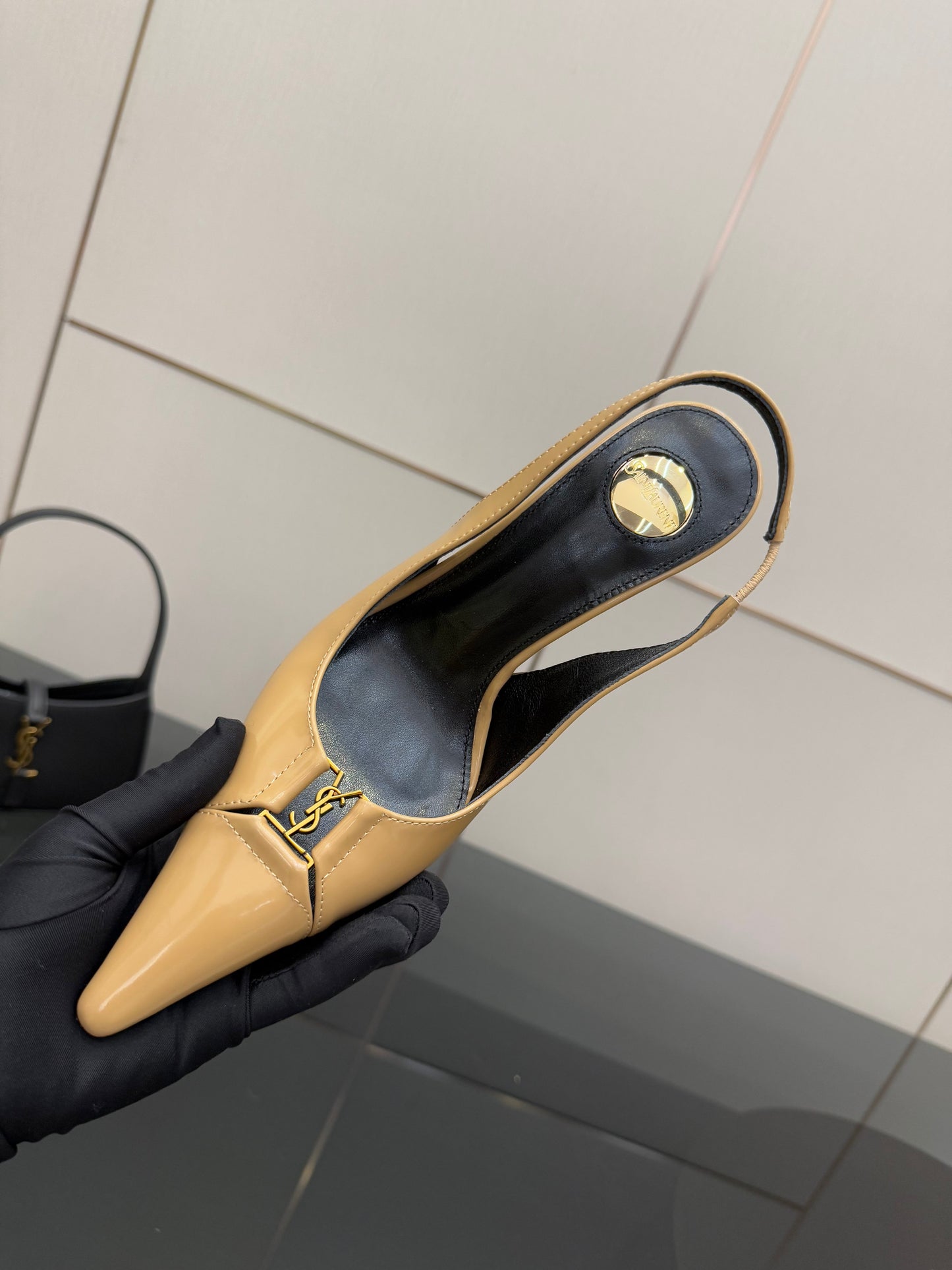YSL 25S SLINGBACK HIGH HEELS 90 MM IN DARK BEIGE LAMBSKIN WITH GOLD HARDWARE STYLE 5 - 35