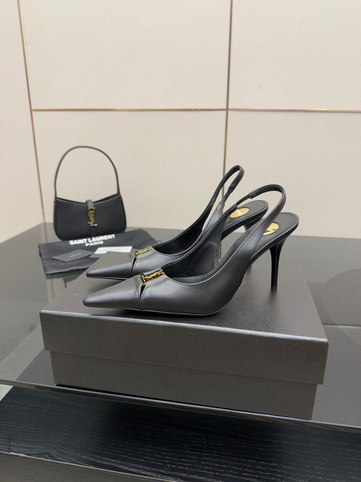 YSL 25S SLINGBACK HIGH HEELS 90 MM IN BLACK SMOOTH LAMBSKIN WITH GOLD HARDWARE STYLE 3 - 35