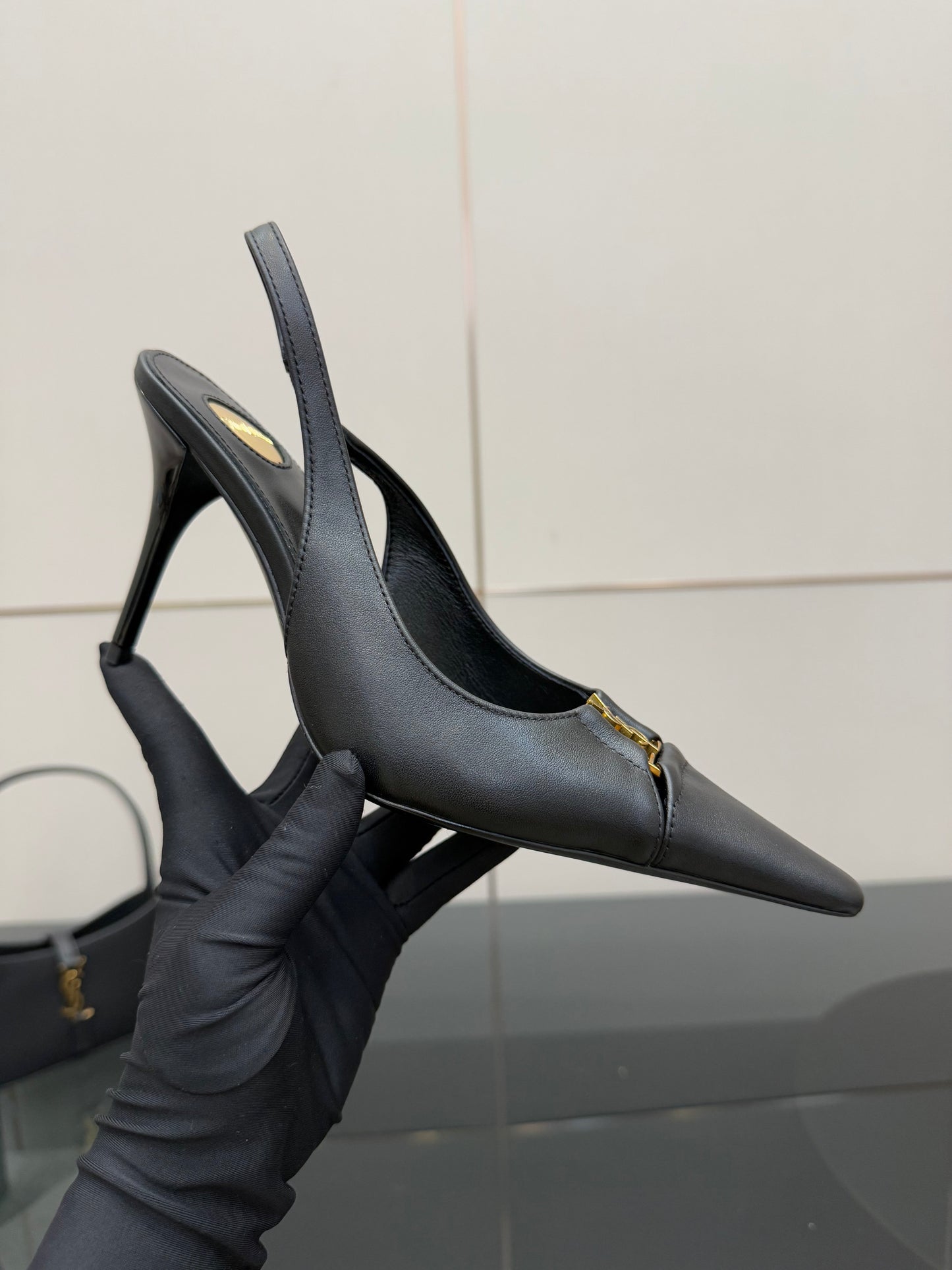 YSL 25S SLINGBACK HIGH HEELS 90 MM IN BLACK SMOOTH LAMBSKIN WITH GOLD HARDWARE STYLE 3 - 35