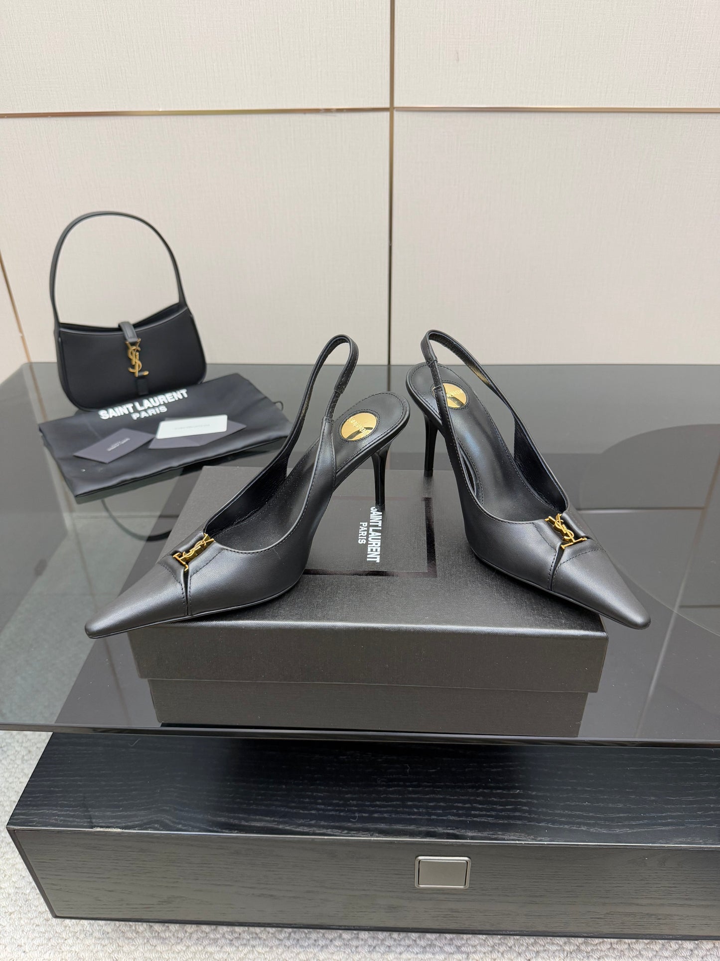 YSL 25S SLINGBACK HIGH HEELS 90 MM IN BLACK SMOOTH LAMBSKIN WITH GOLD HARDWARE STYLE 3 - 35