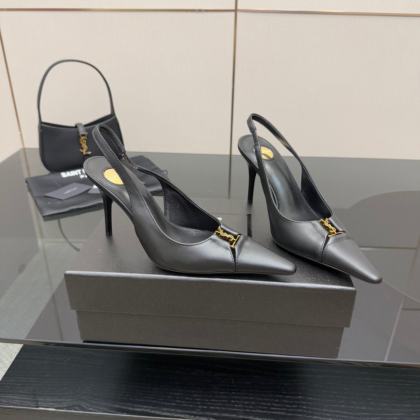 YSL 25S SLINGBACK HIGH HEELS 90 MM IN BLACK SMOOTH LAMBSKIN WITH GOLD HARDWARE STYLE 3 - 35