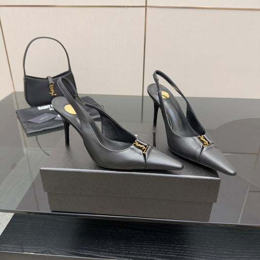 YSL 25S SLINGBACK HIGH HEELS 90 MM IN BLACK SMOOTH LAMBSKIN WITH GOLD HARDWARE STYLE 3 - 35