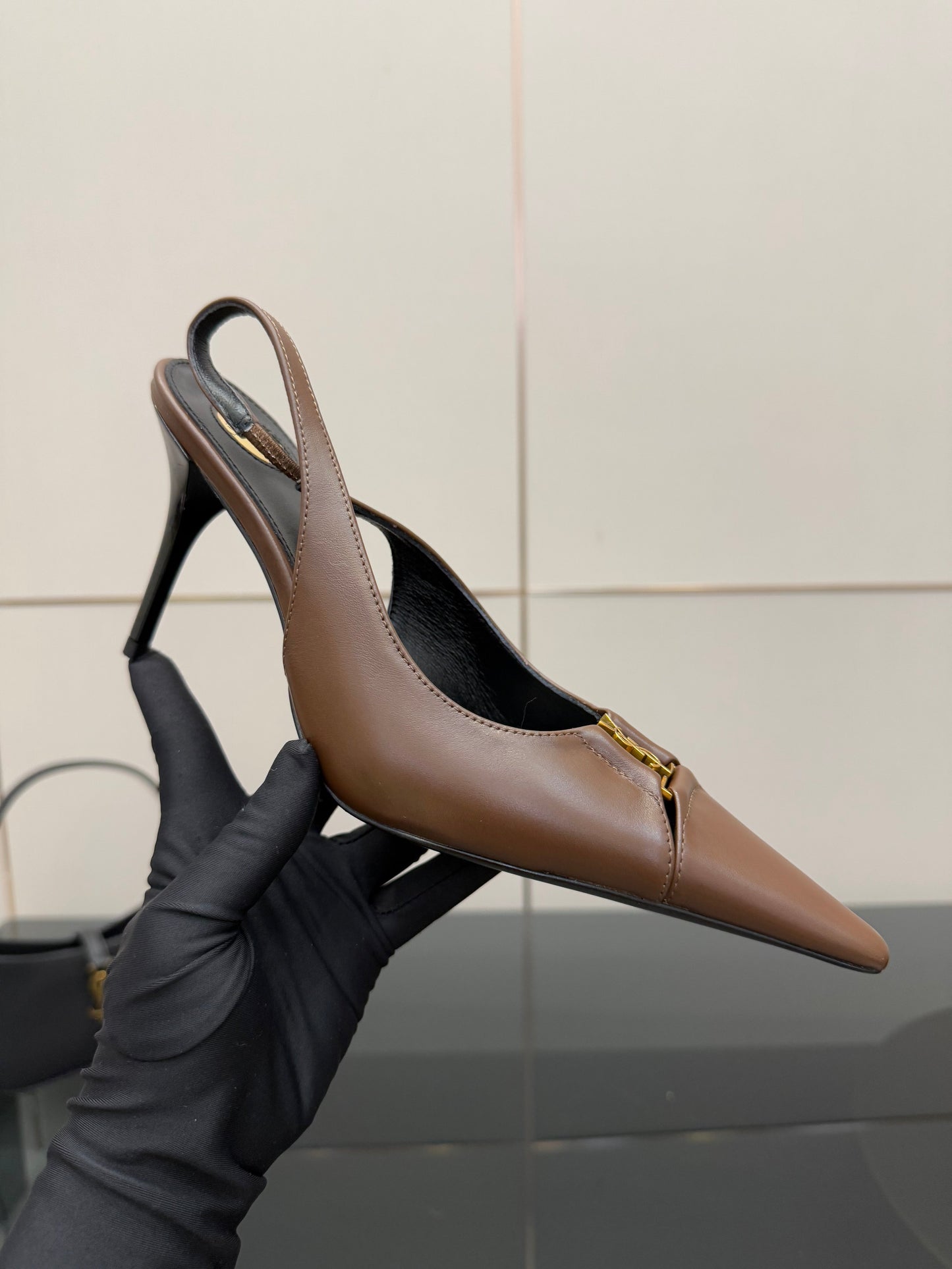 YSL 25S SLINGBACK HIGH HEELS 90 MM IN CHESTNUT BROWN LAMBSKIN WITH GOLD HARDWARE STYLE 1 - 35
