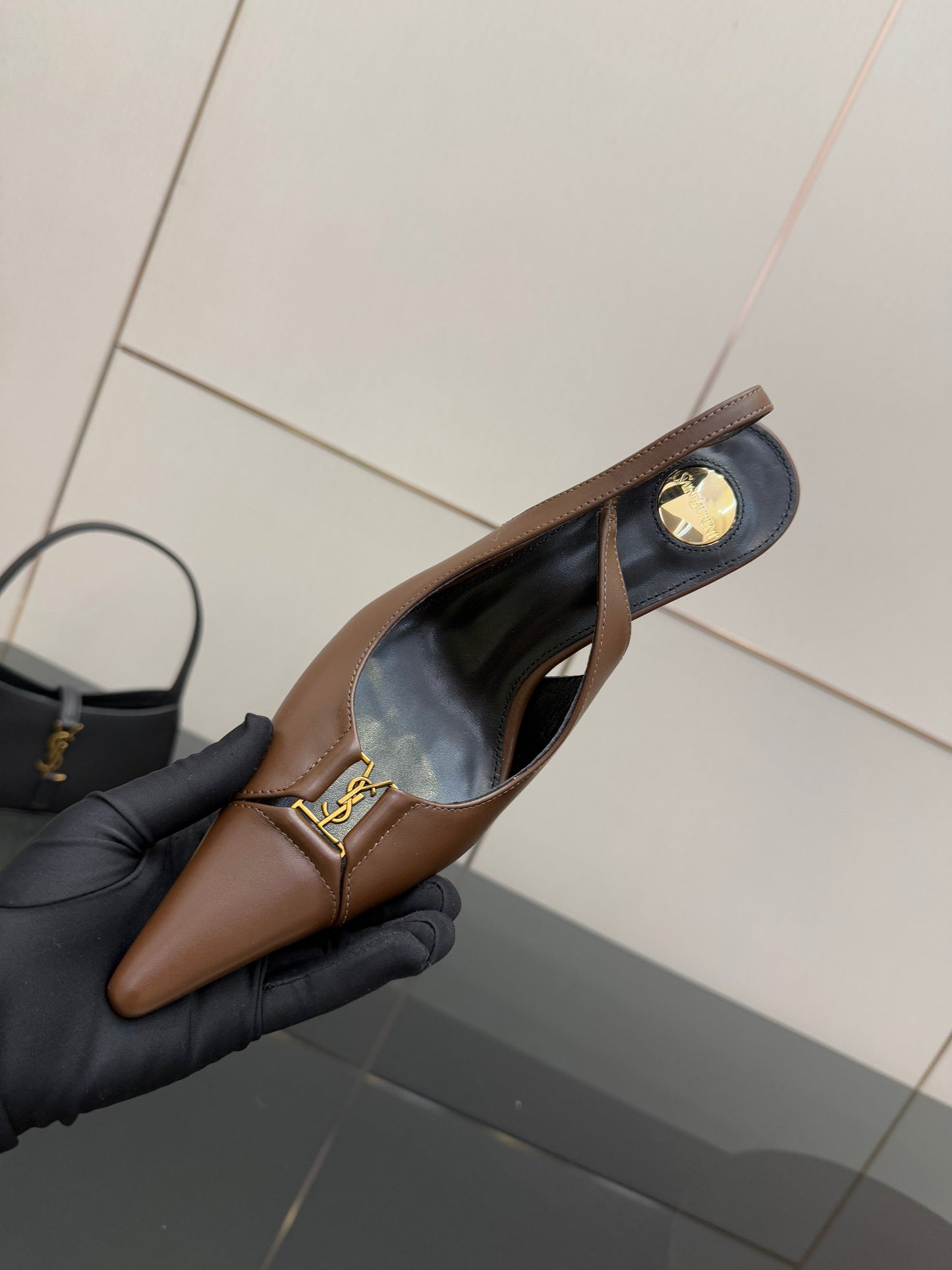 YSL 25S SLINGBACK HIGH HEELS 90 MM IN CHESTNUT BROWN LAMBSKIN WITH GOLD HARDWARE STYLE 1 - 35