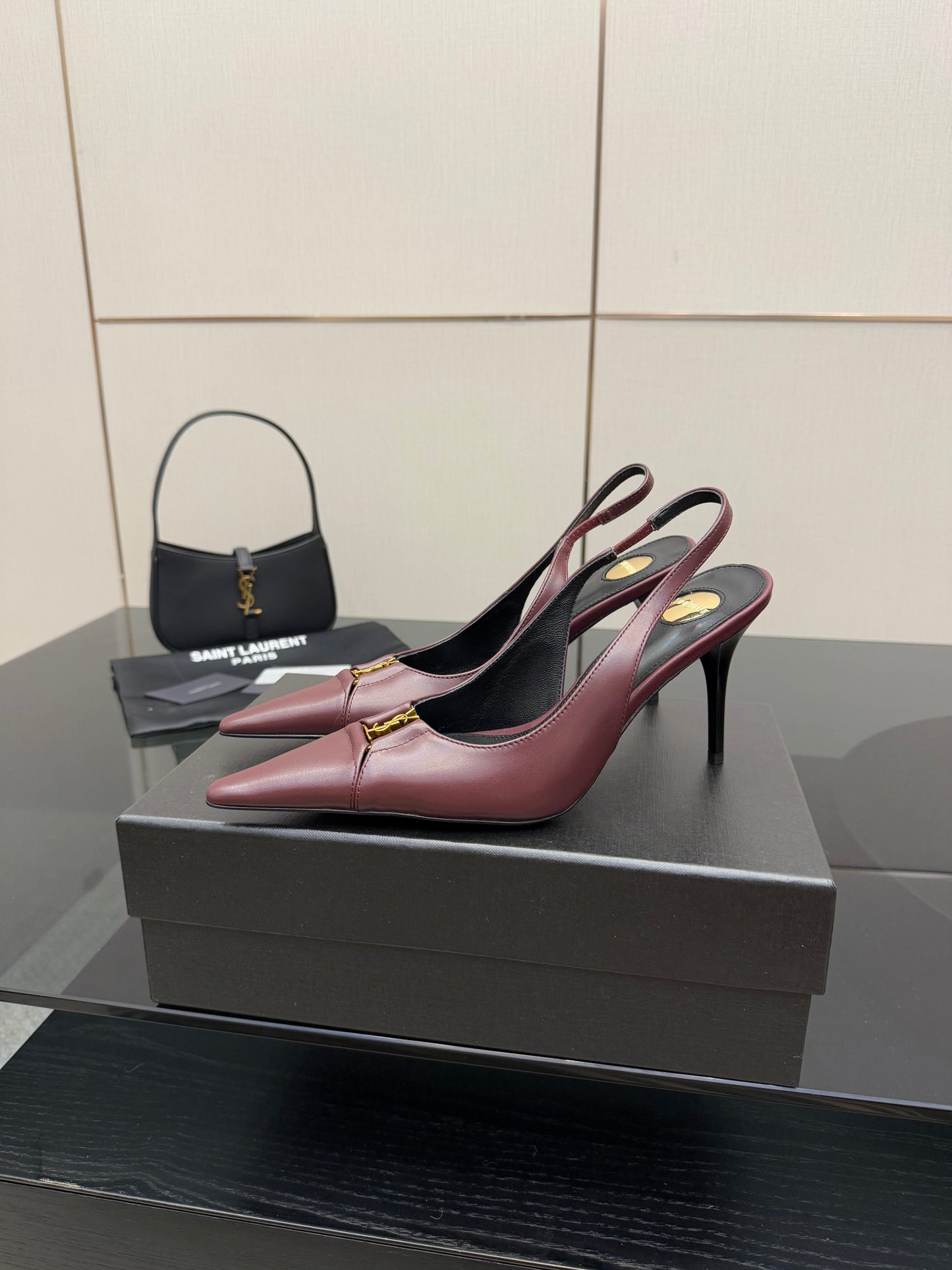YSL 25S SLINGBACK HIGH HEELS 90 MM IN DARK RED LAMBSKIN WITH GOLD HARDWARE STYLE 2 - 35