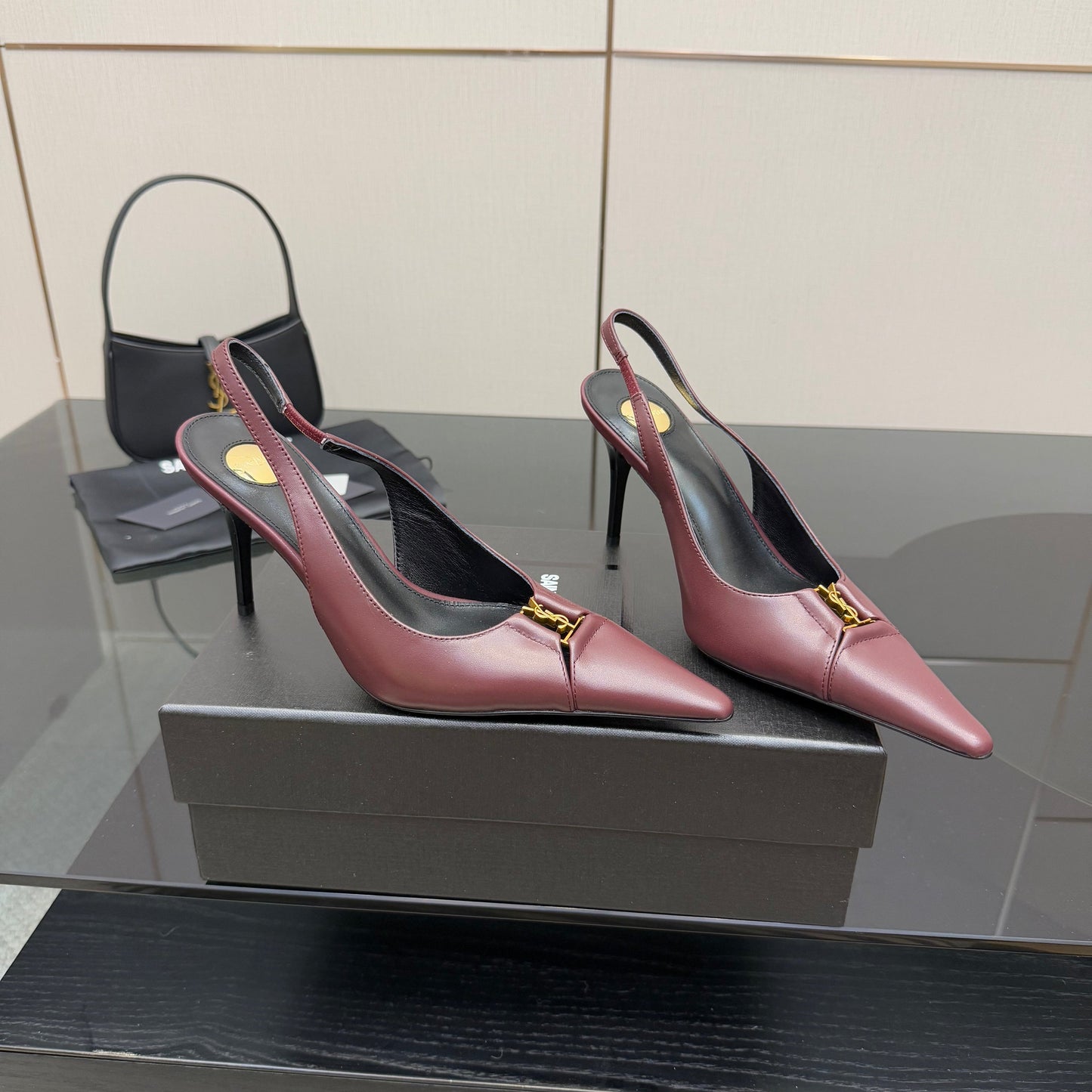 YSL 25S SLINGBACK HIGH HEELS 90 MM IN DARK RED LAMBSKIN WITH GOLD HARDWARE STYLE 2 - 35