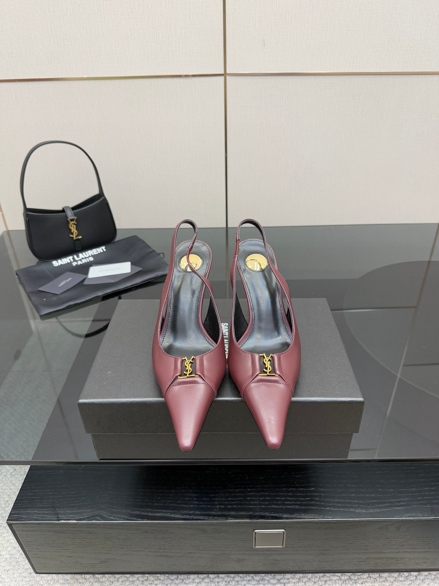 YSL 25S SLINGBACK HIGH HEELS 90 MM IN DARK RED LAMBSKIN WITH GOLD HARDWARE STYLE 2 - 35