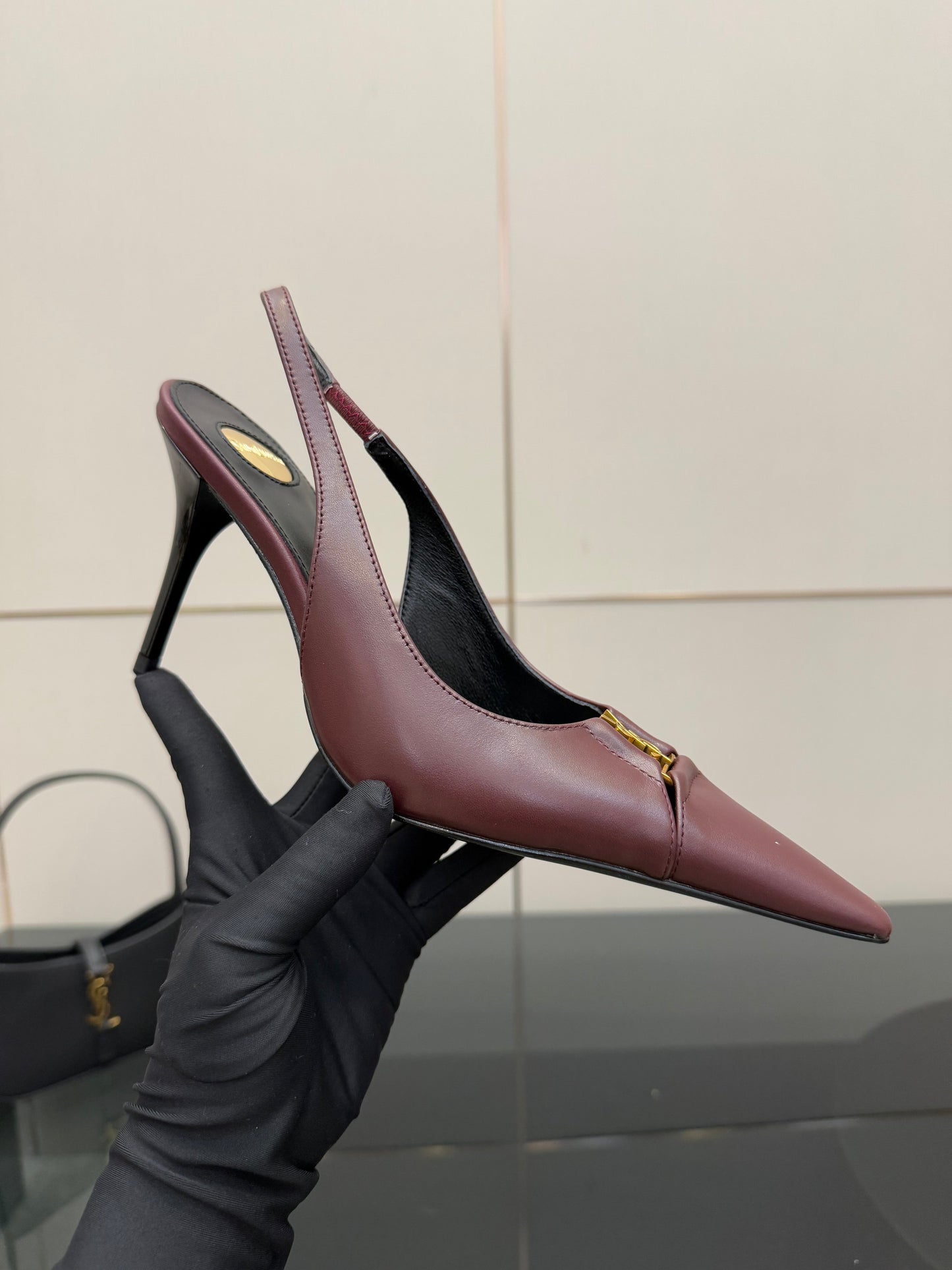 YSL 25S SLINGBACK HIGH HEELS 90 MM IN DARK RED LAMBSKIN WITH GOLD HARDWARE STYLE 2 - 35