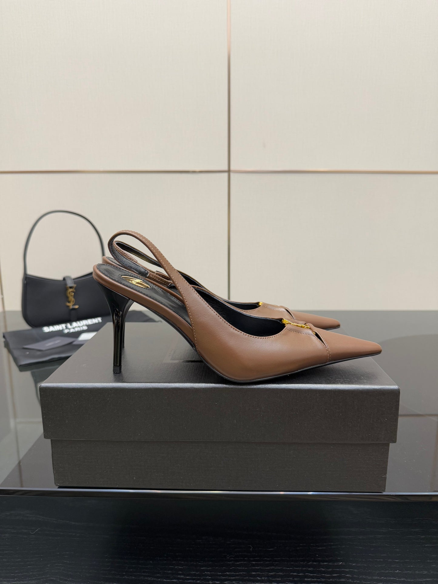 YSL 25S SLINGBACK HIGH HEELS 90 MM IN CHESTNUT BROWN LAMBSKIN WITH GOLD HARDWARE STYLE 1 - 35