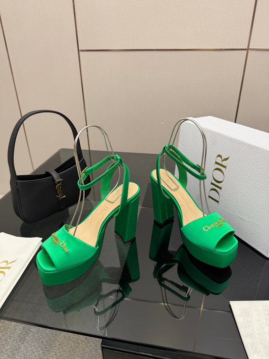 БОСОНІЖКИ DIOR 26S НА ВИСОКИХ ПІДБОРАХ 120 ММ ІЗ ЗЕЛЕНОГО АТЛАСУ