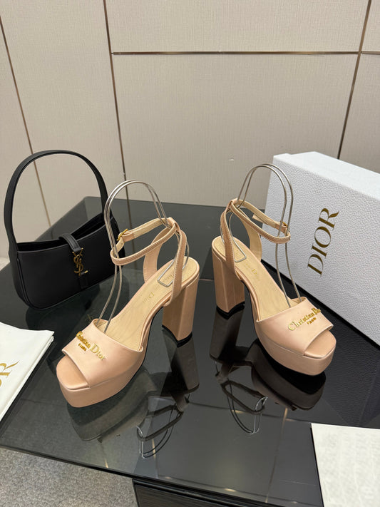 БОСОНІЖКИ DIOR 26S НА ВИСОКИХ ПІДБОРАХ 120 ММ З САТИНУ НЮДОВО-БЕЖЕВОГО КОЛЬОРУ