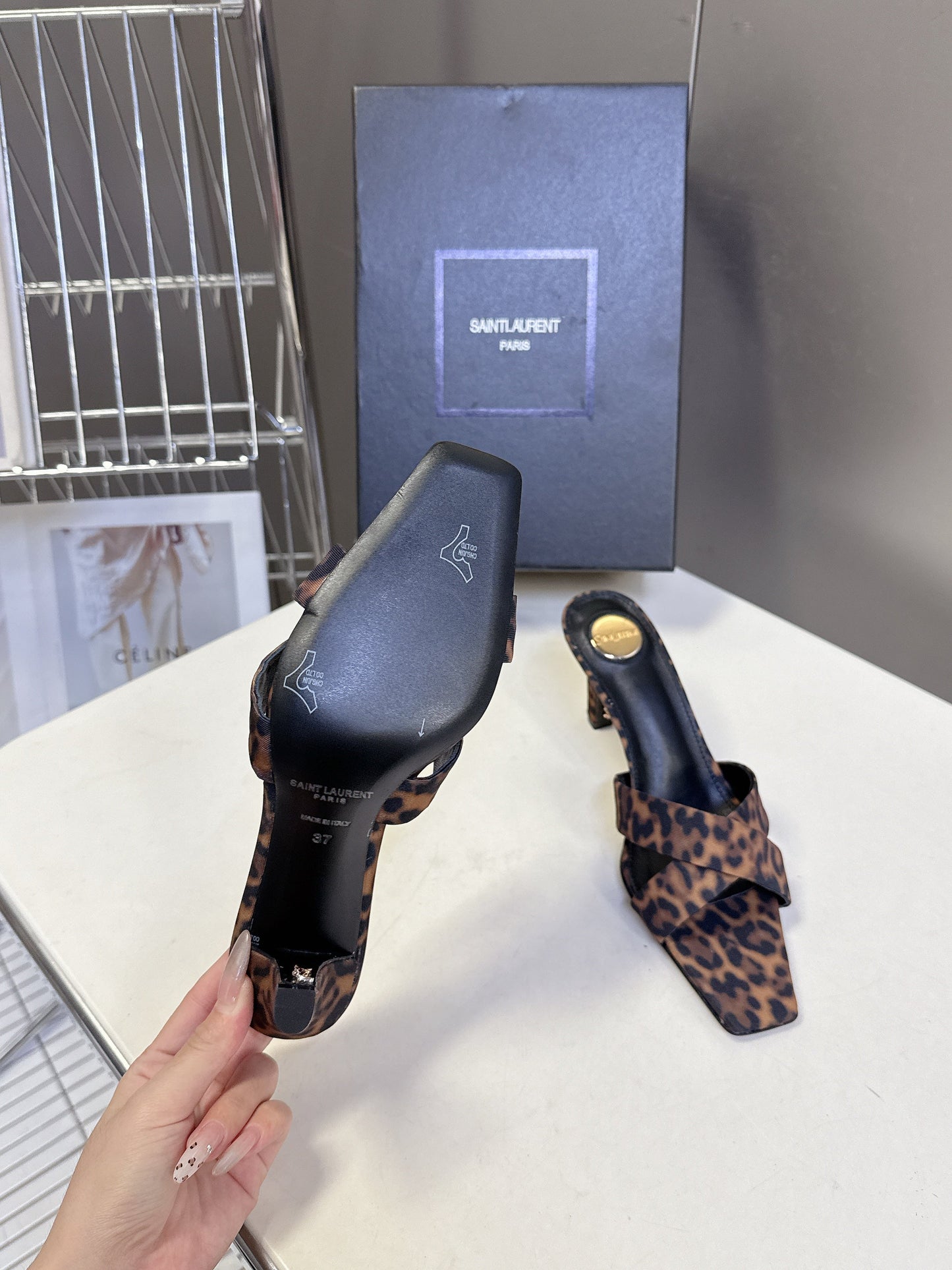 YSL 25S JILL MULES 75MM IN LEOPARD PRINT SMOOTH CALFSKIN - 35