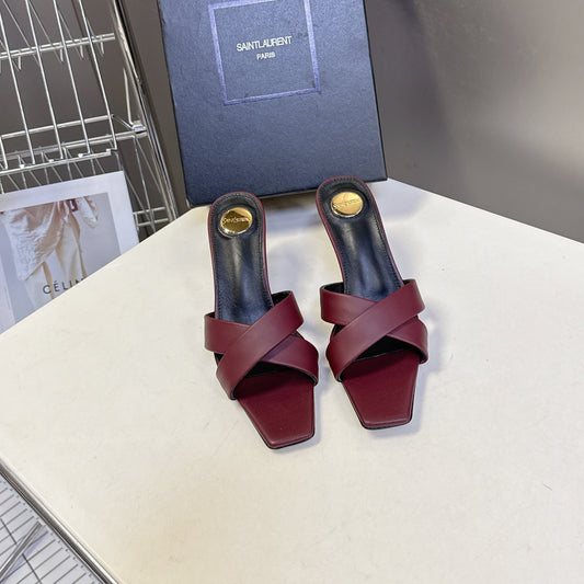 YSL 25S JILL MULES 75MM IN MAHOGANY RED SMOOTH CALFSKIN - 35