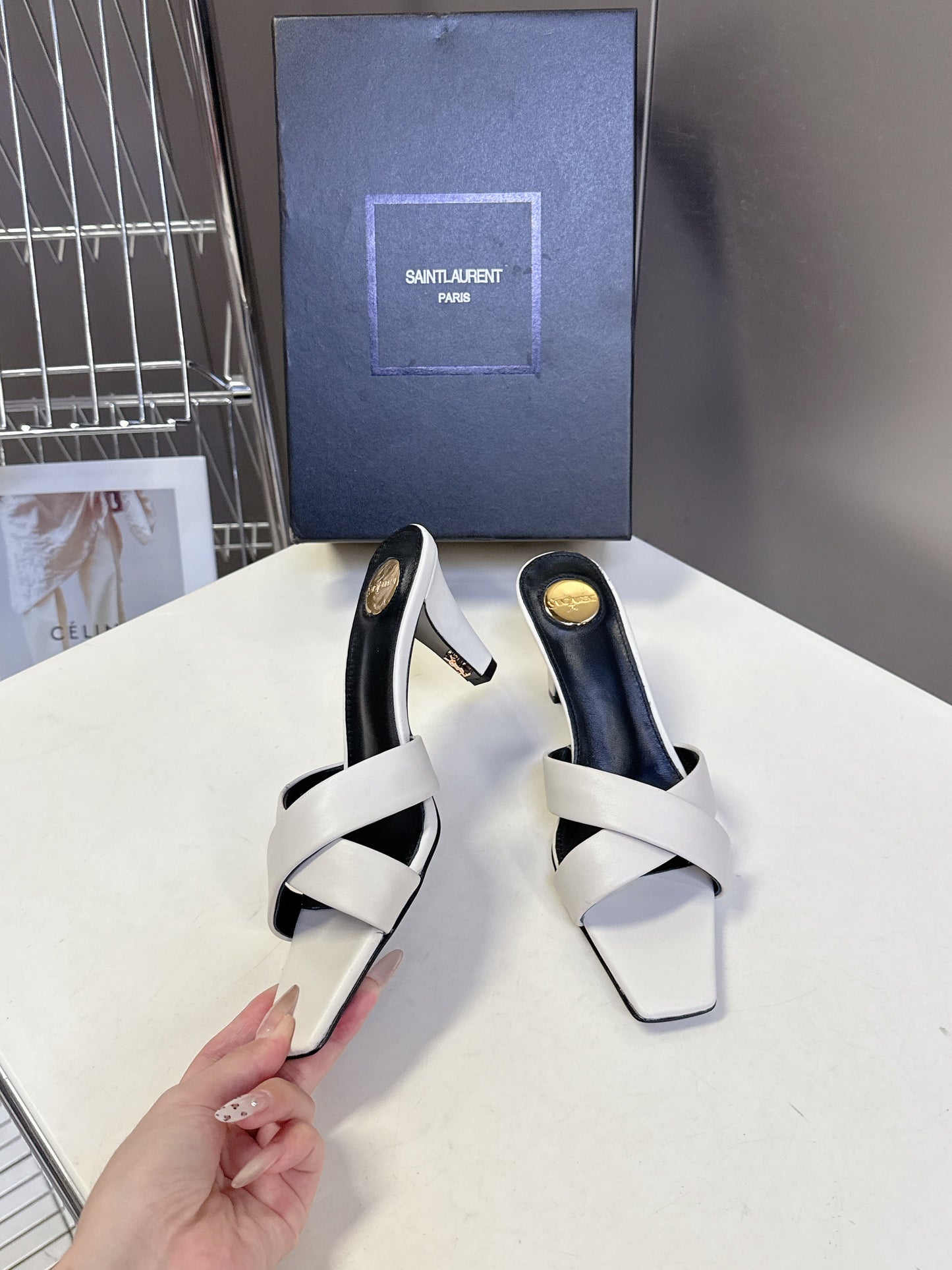 YSL 25S JILL MULES 75MM IN WHITE SMOOTH CALFSKIN - 35