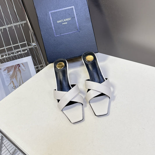 YSL 25S JILL MULES 75MM IN WHITE SMOOTH CALFSKIN - 35