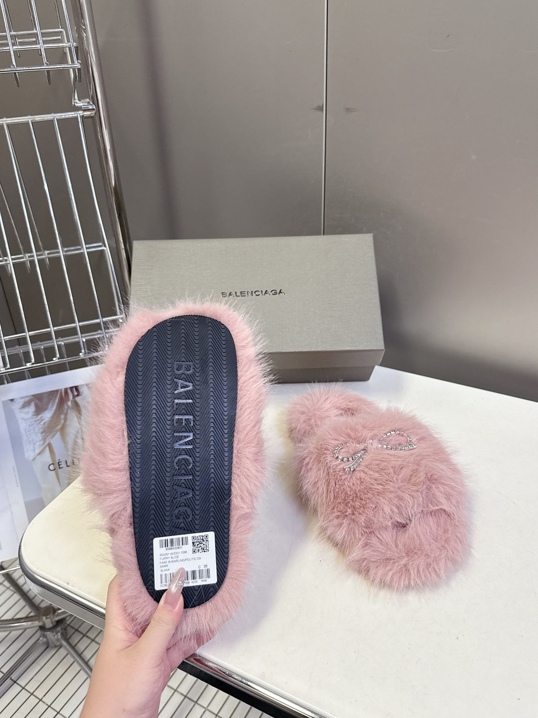 BALENCIAGA 25S SOFT FUR SLIPPERS IN LIGHT PINK FUR WITH RHINESTONE BOW - 35