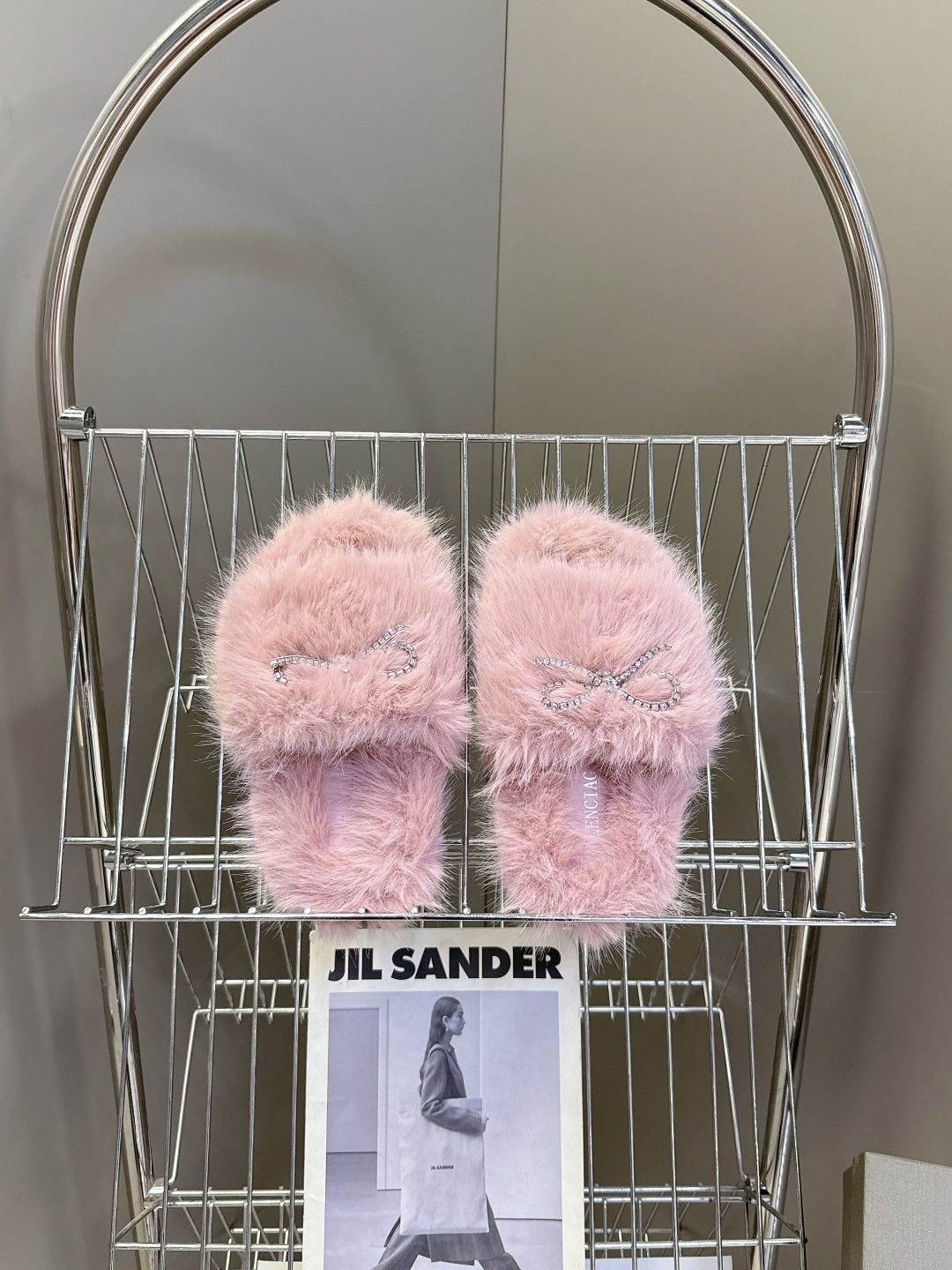 BALENCIAGA 25S SOFT FUR SLIPPERS IN LIGHT PINK FUR WITH RHINESTONE BOW - 35