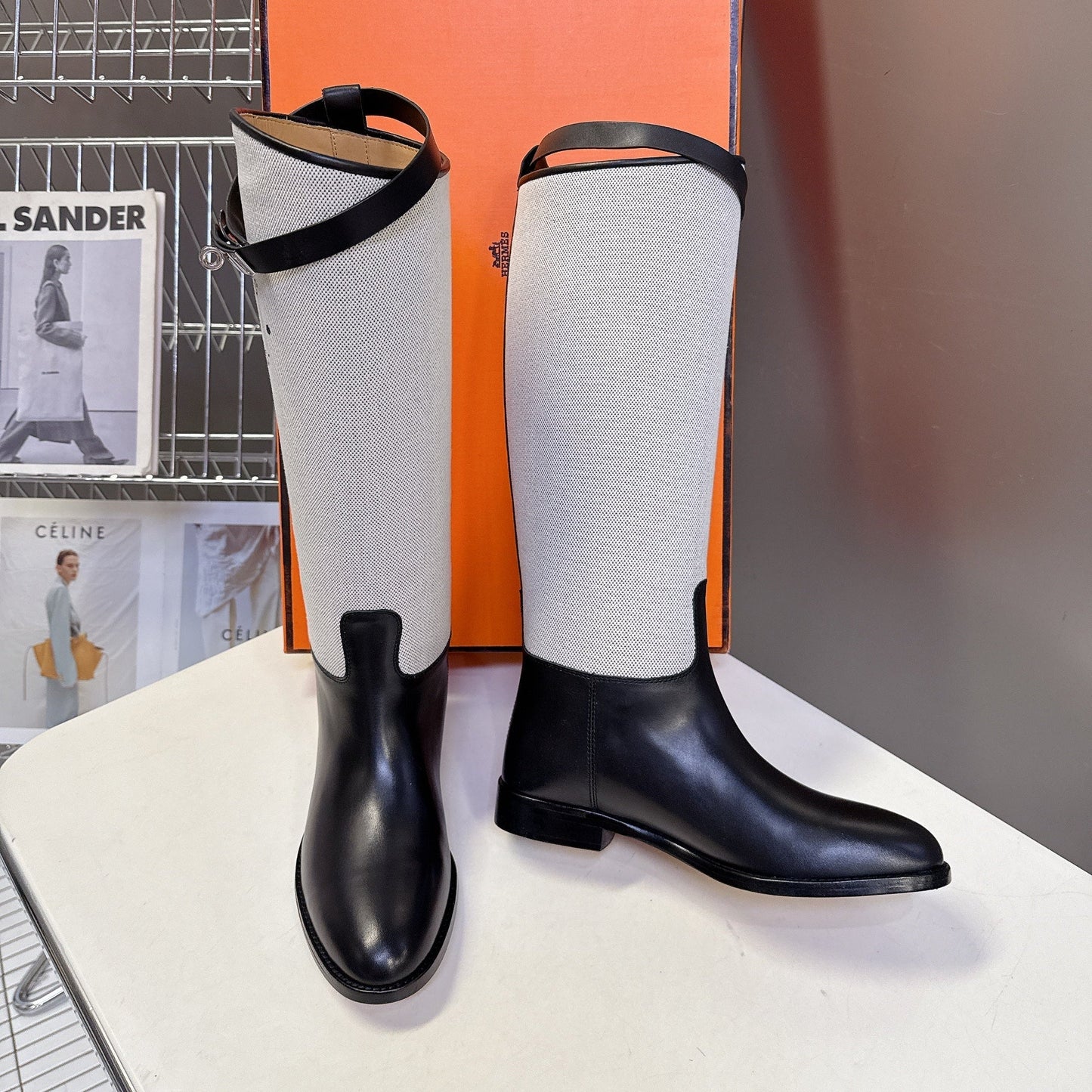 HM 25S JUMPING BOOT IN BLACK LAMBSKIN AND GREY CANVAS WITH SILVER HARDWARE - 35