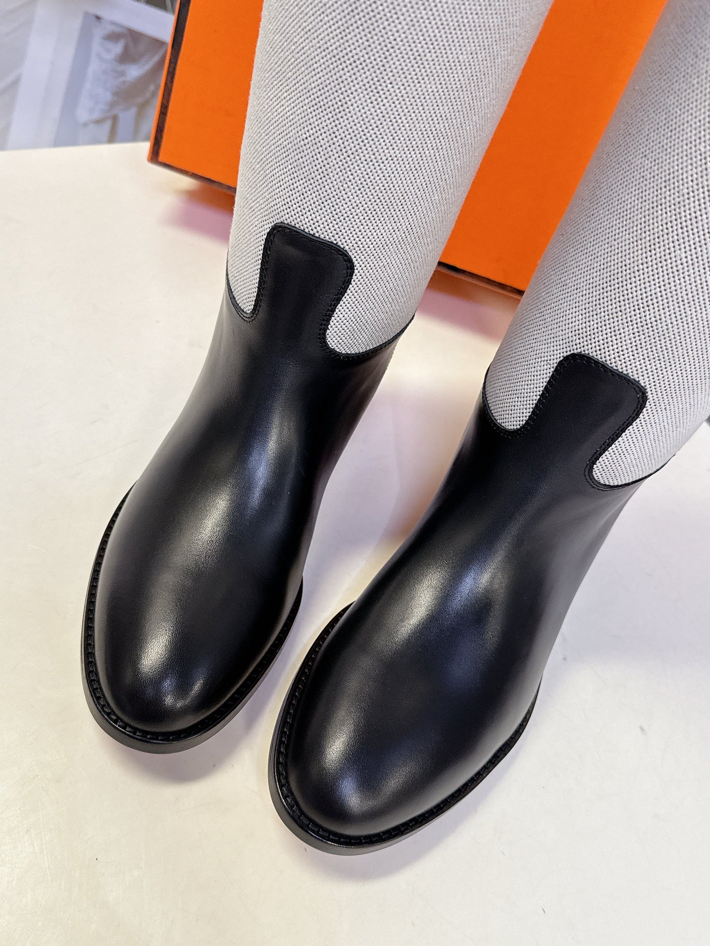 HM 25S JUMPING BOOT IN BLACK LAMBSKIN AND GREY CANVAS WITH SILVER HARDWARE - 35