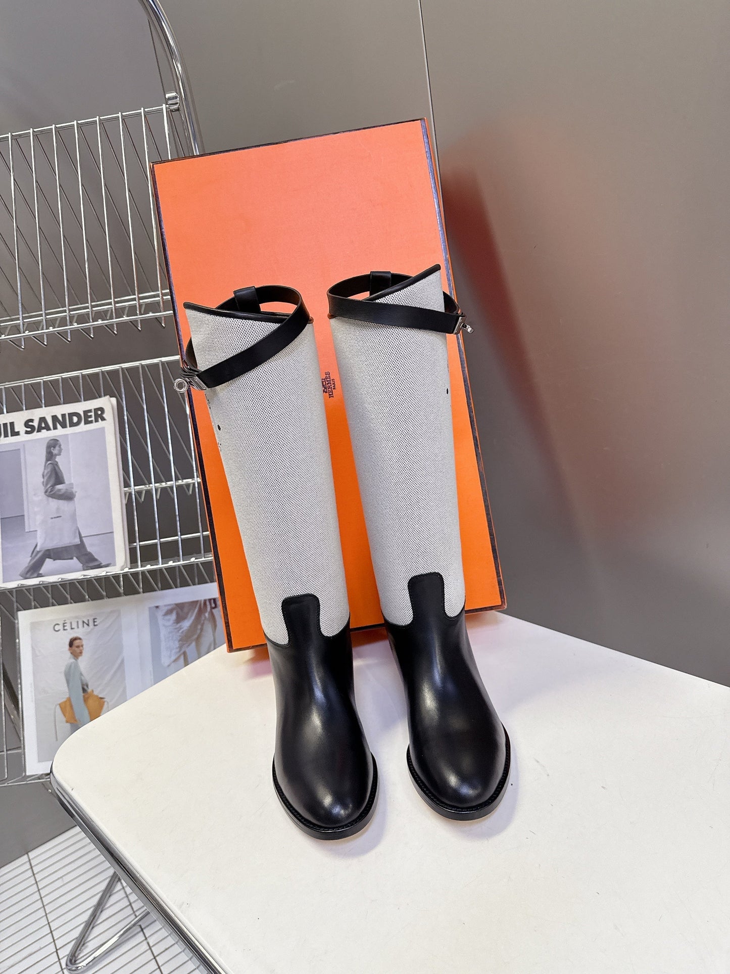 HM 25S JUMPING BOOT IN BLACK LAMBSKIN AND GREY CANVAS WITH SILVER HARDWARE - 35