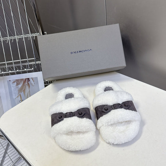 BALENCIAGA 25S SLIPPERS IN MUTED PURPLE GRAY SUEDE AND WHITE WOOL - 35