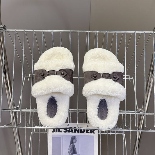 BALENCIAGA 25S SLIPPERS IN MUTED PURPLE GRAY SUEDE AND WHITE WOOL - 35