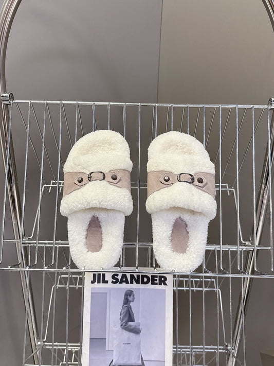 BALENCIAGA 25S SLIPPERS IN DUSTY PINK GRAY SUEDE AND WHITE WOOL - 35