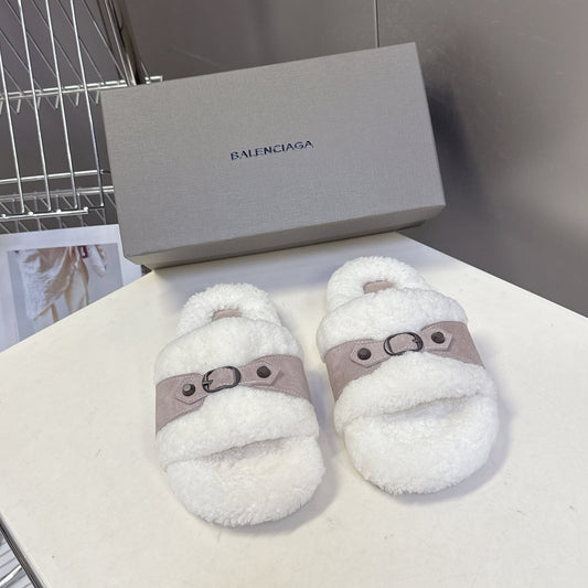 BALENCIAGA 25S SLIPPERS IN DUSTY PINK GRAY SUEDE AND WHITE WOOL - 35