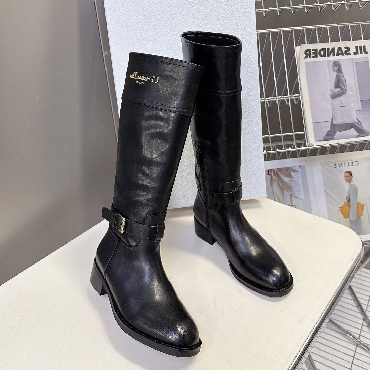 DIOR 25S BROWN HIGH BOOTS IN BLACK LAMBSKIN - 35