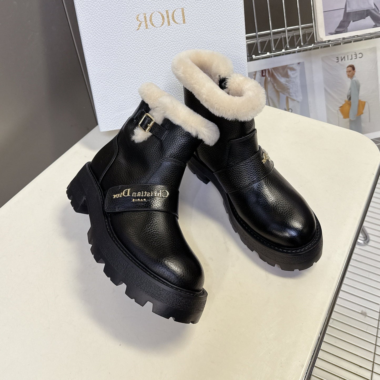 DIORALPS ANKLE BOOTS 25S IN BLACK LAMBSKIN AND BEIGE WOOL WITH SILVER HARDWARE - 35