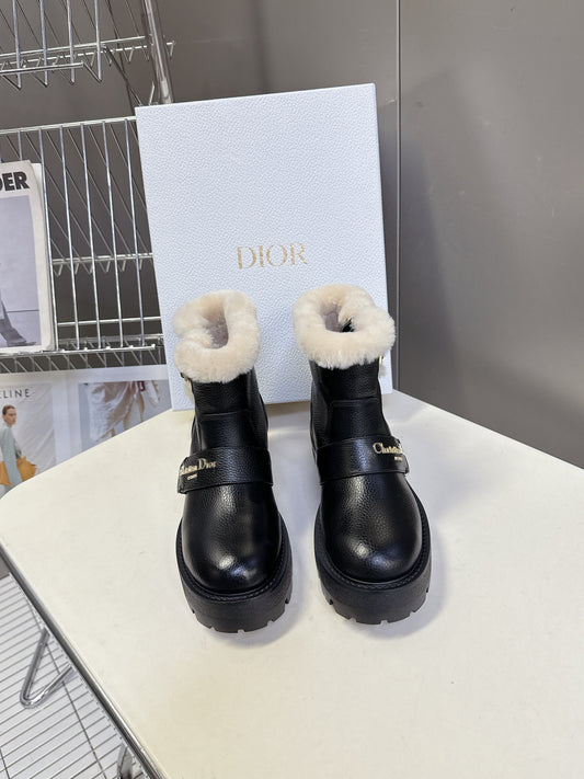 DIORALPS ANKLE BOOTS 25S IN BLACK LAMBSKIN AND BEIGE WOOL WITH SILVER HARDWARE - 35