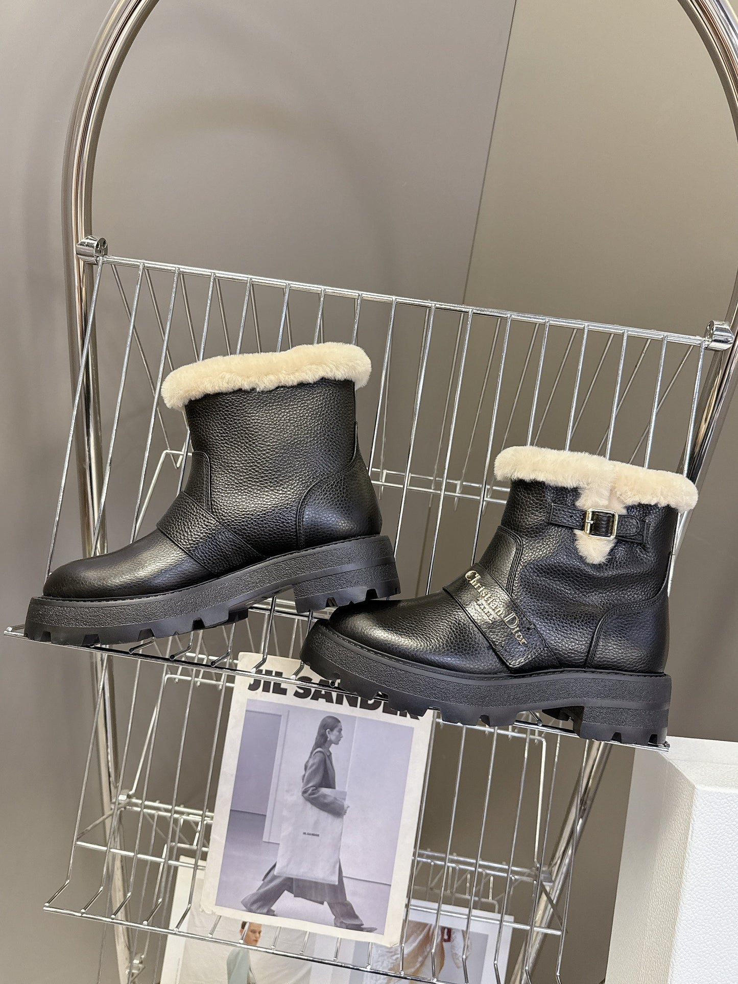 DIORALPS ANKLE BOOTS 25S IN BLACK LAMBSKIN AND BEIGE WOOL WITH SILVER HARDWARE - 35