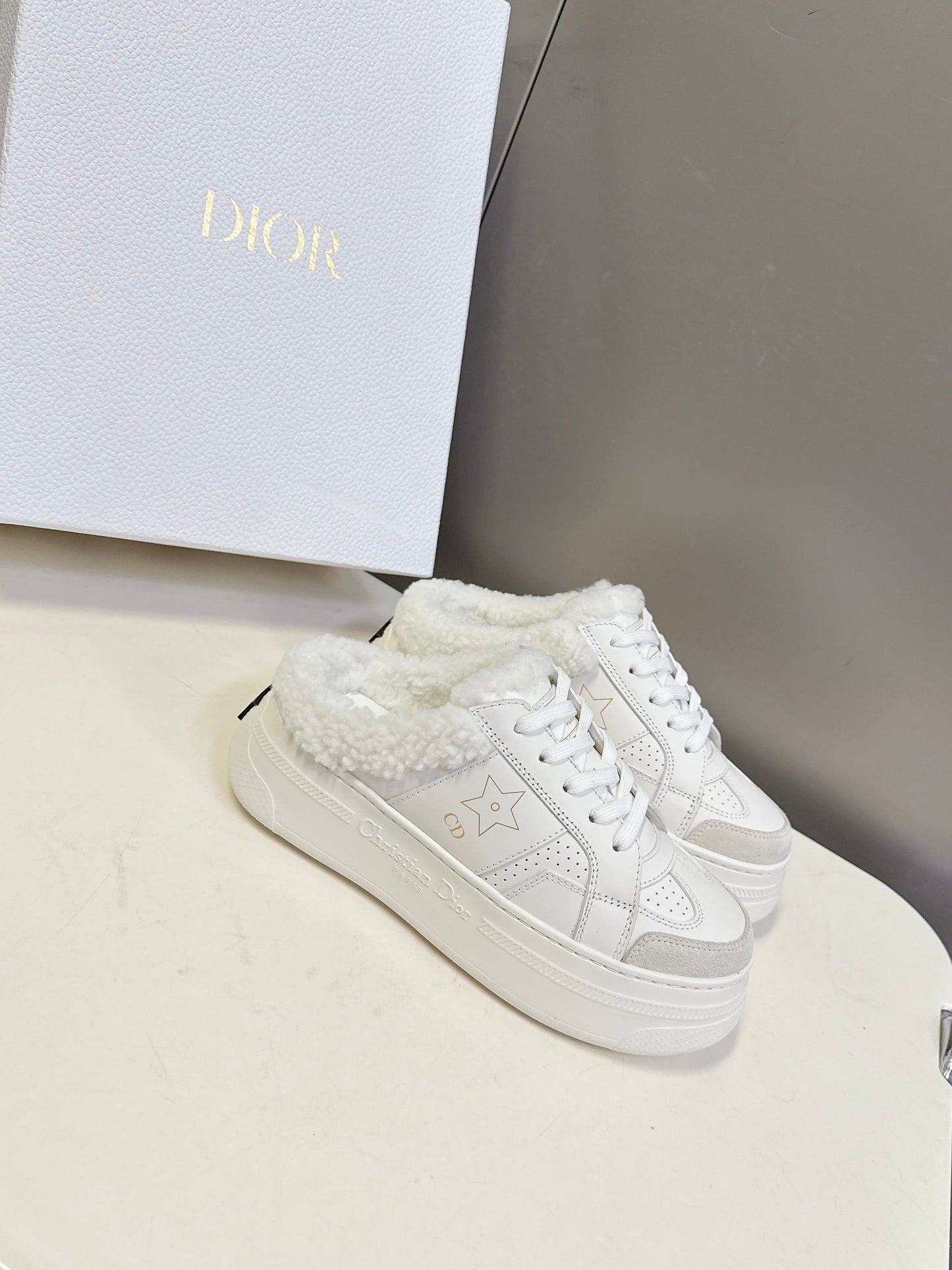 DIOR 25S DIOR STAR SNEAKERS 40 MM IN WHITE LAMBSKIN AND WOOL - 35