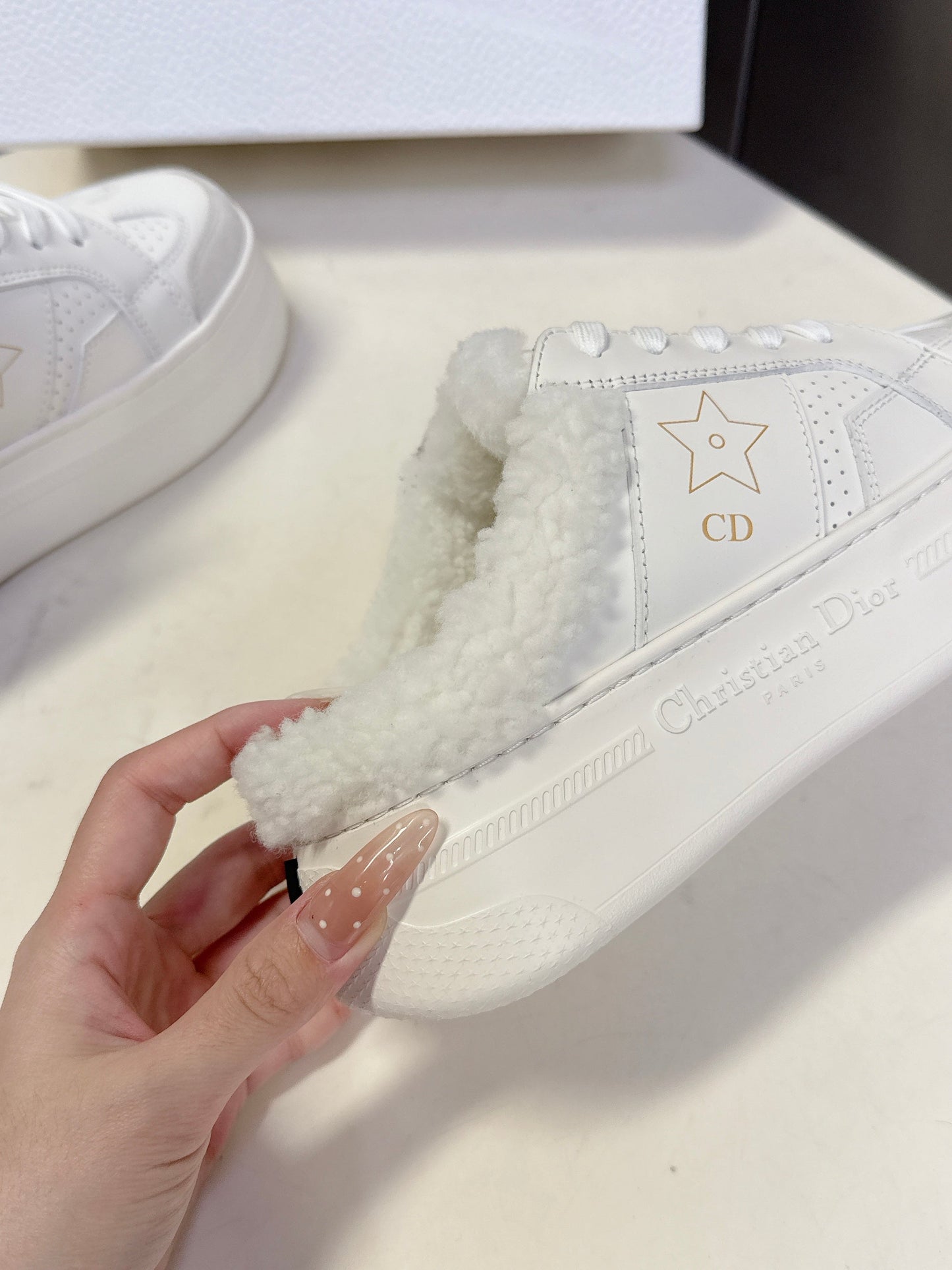 DIOR 25S DIOR STAR SNEAKERS 40 MM IN WHITE LAMBSKIN AND WOOL - 35