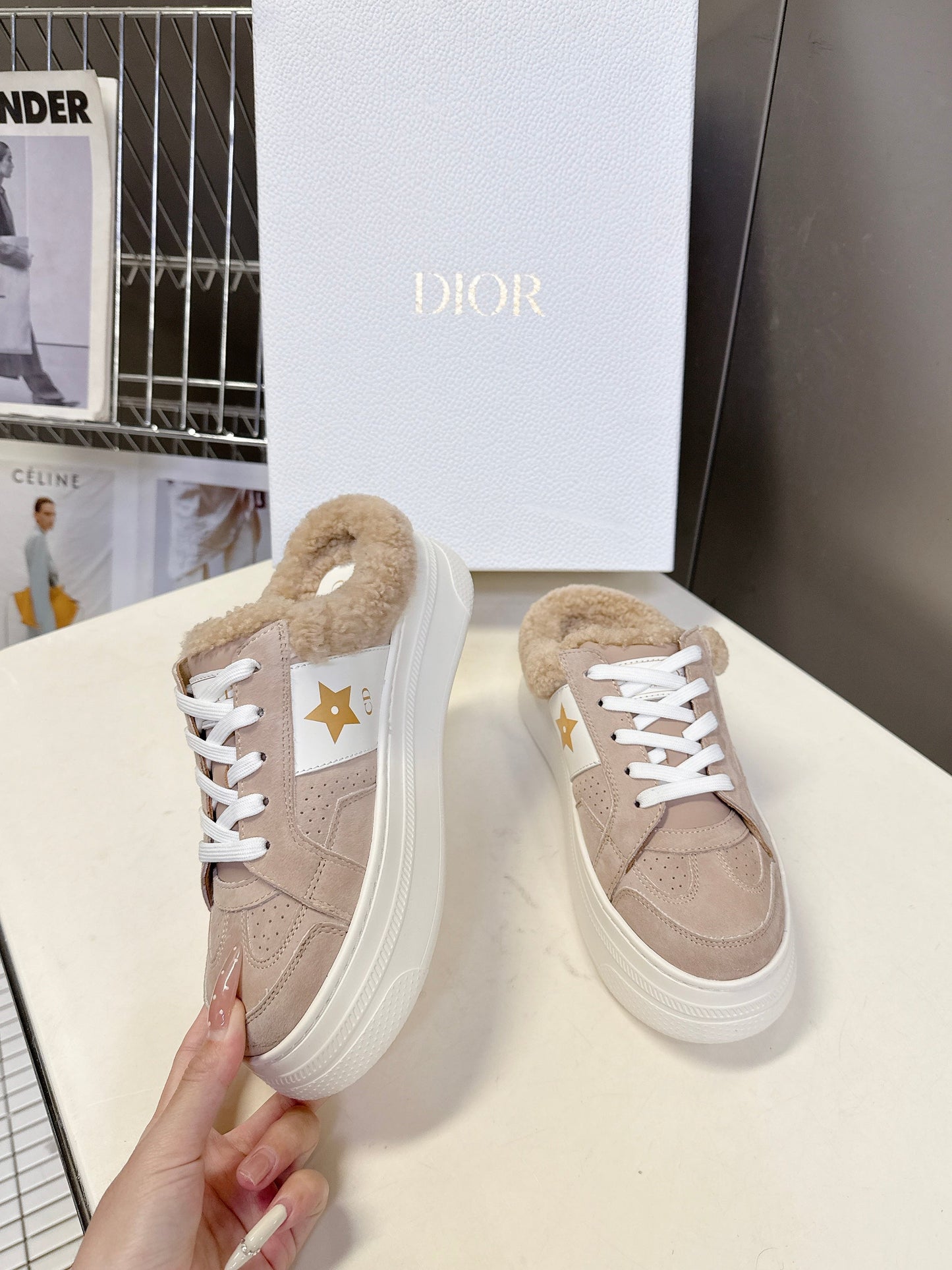 DIOR 25S DIOR STAR SNEAKERS 40 MM IN NUDE PINK SUEDE AND WOOL - 35