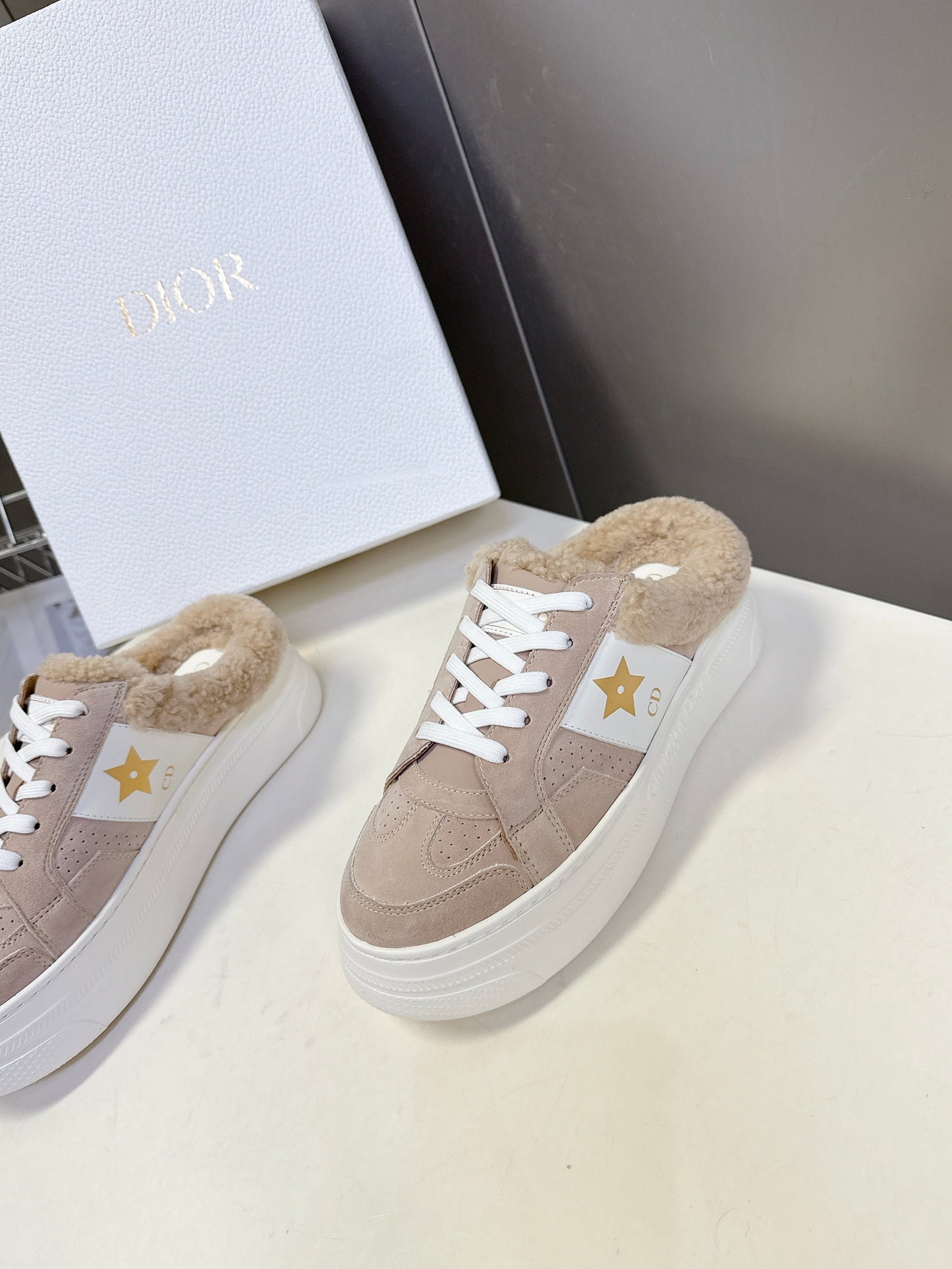 DIOR 25S DIOR STAR SNEAKERS 40 MM IN NUDE PINK SUEDE AND WOOL - 35