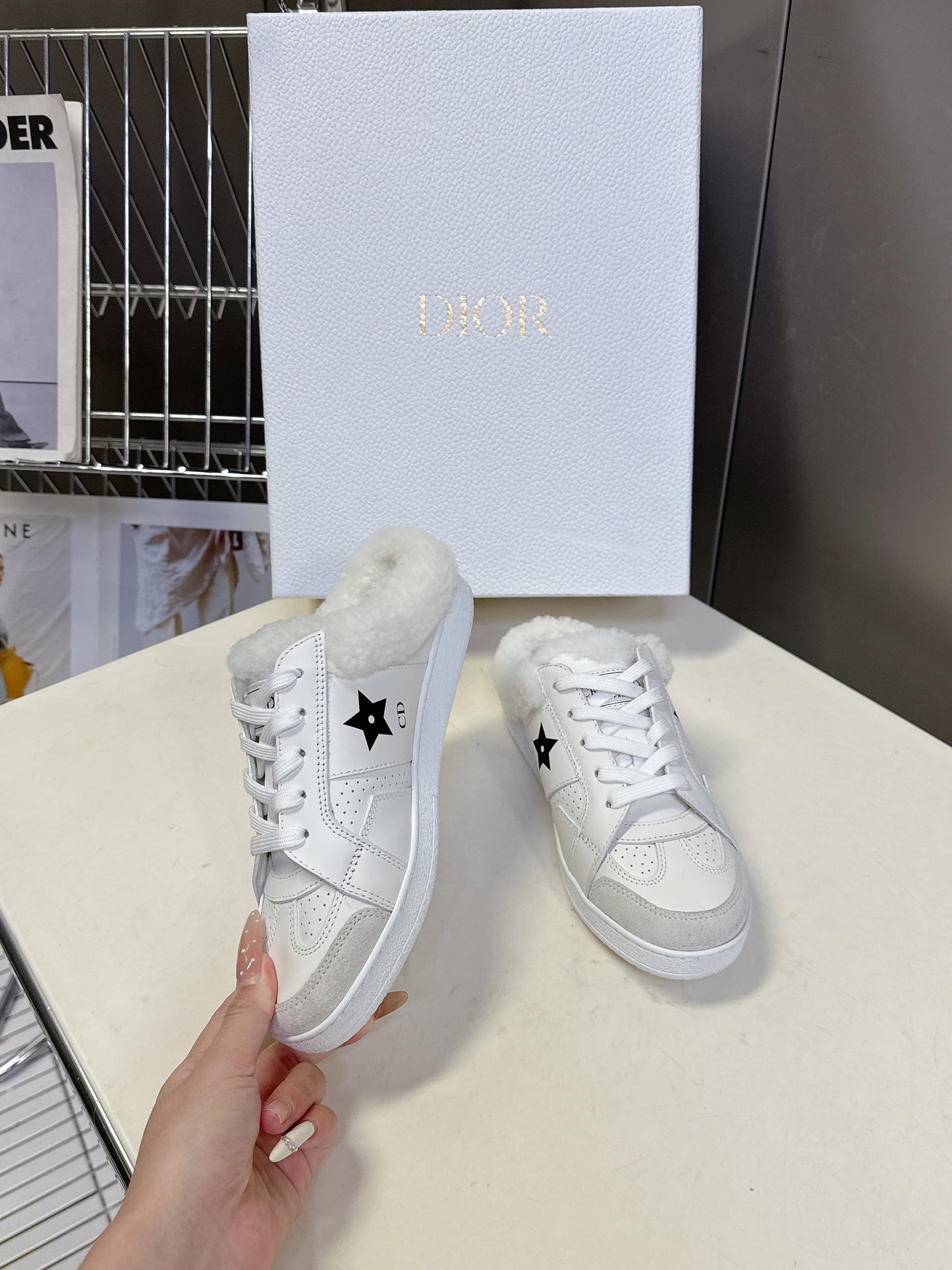 DIOR 25S DIOR STAR SNEAKERS IN WHITE LAMBSKIN AND WOOL - 35