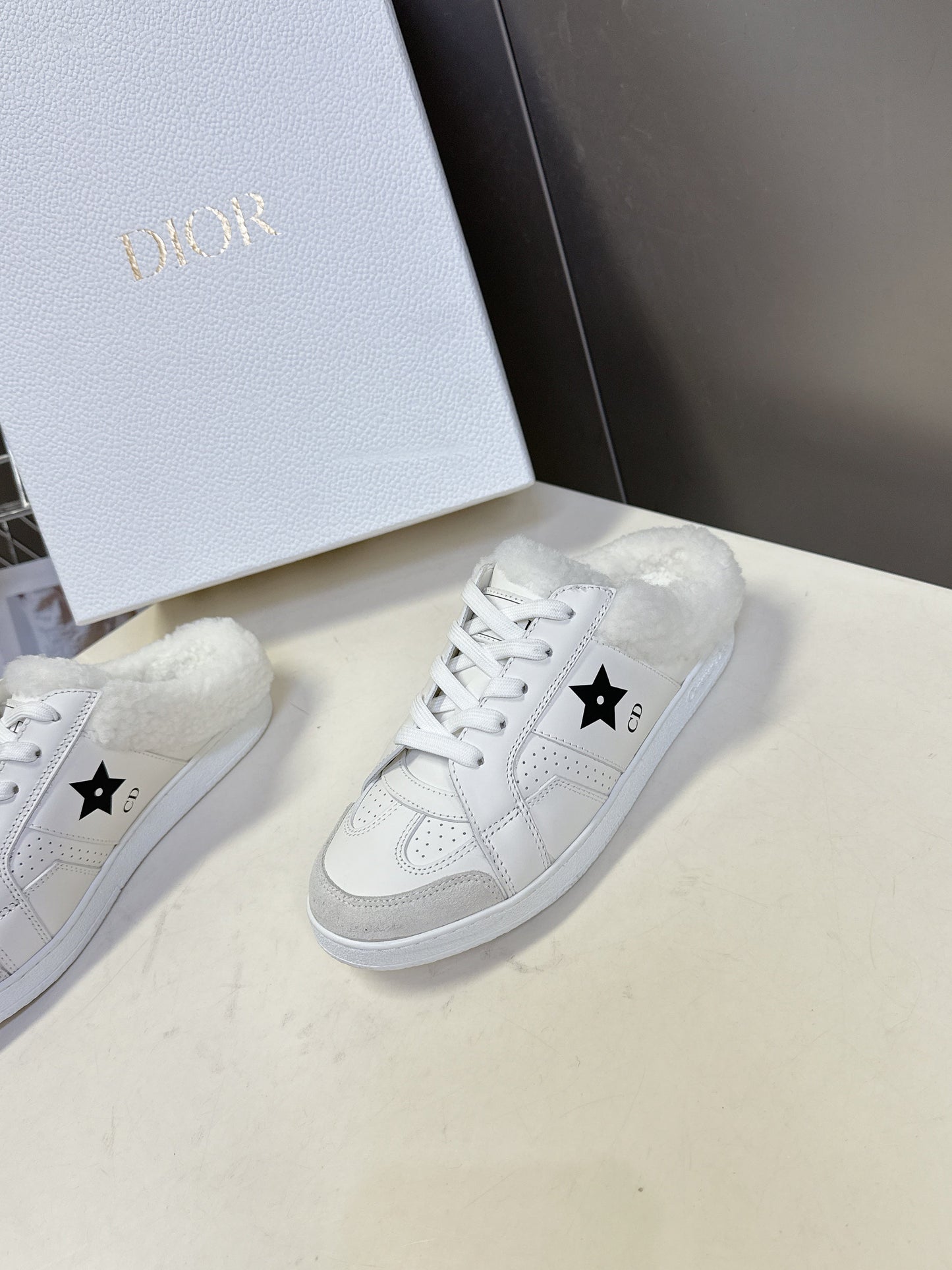 DIOR 25S DIOR STAR SNEAKERS IN WHITE LAMBSKIN AND WOOL - 35