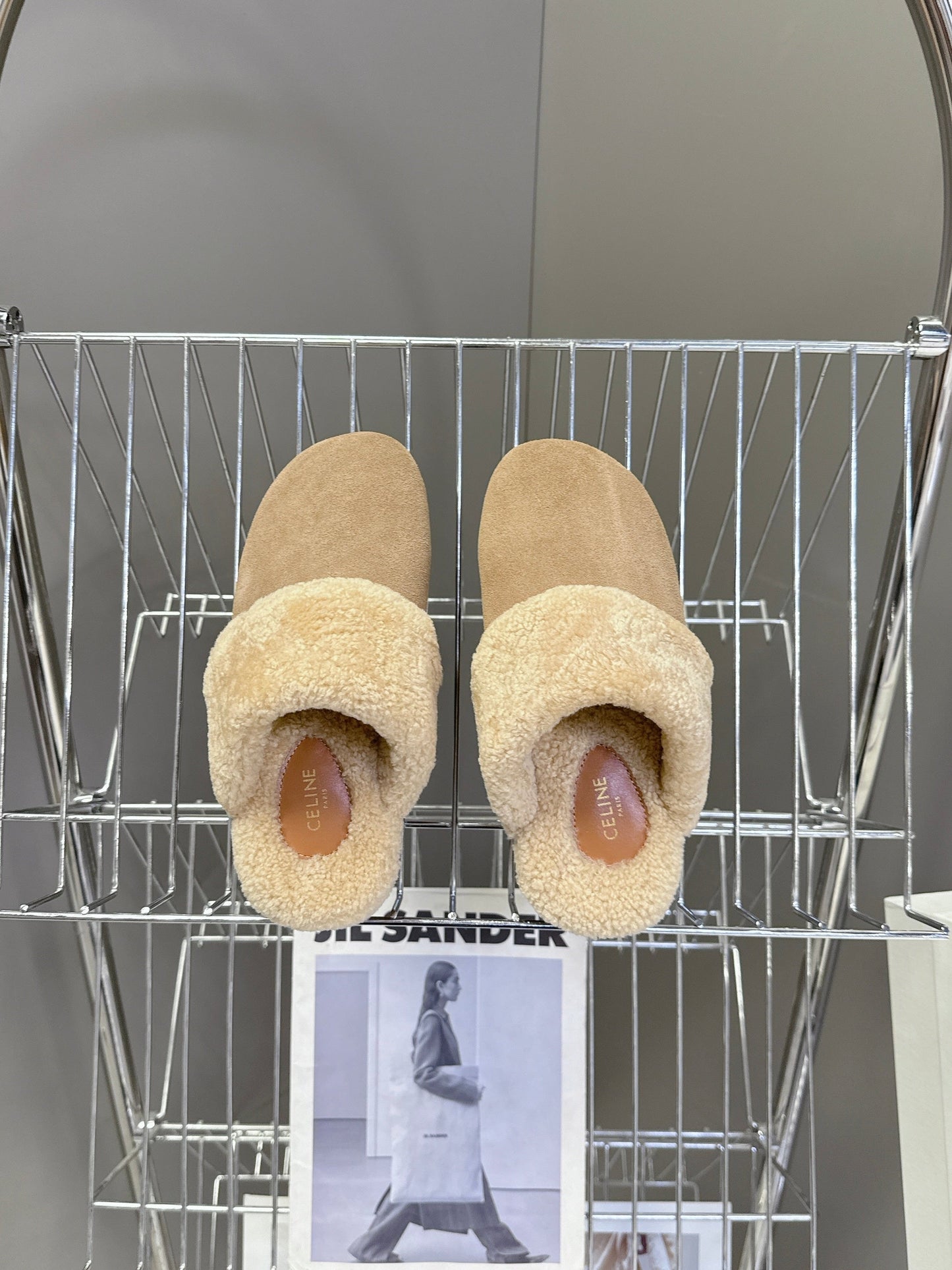 CELINE 26S WEDGE MULES IN SAND BEIGE SUEDE AND WOOL