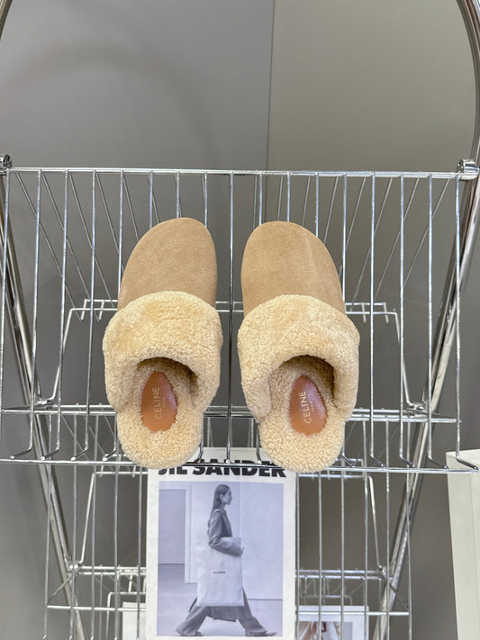 CELINE 26S WEDGE MULES IN SAND BEIGE SUEDE AND WOOL