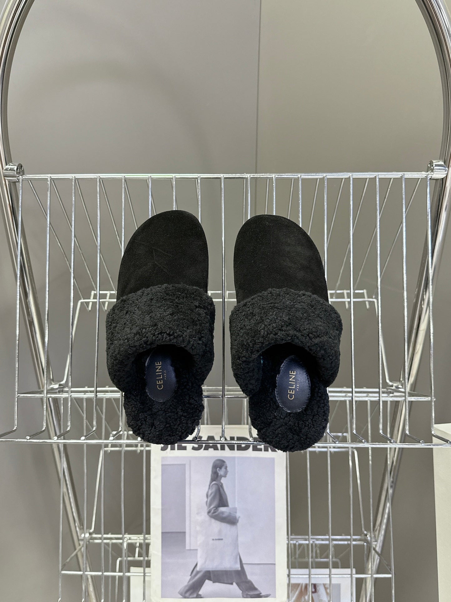CELINE 26S WEDGE MULES IN BLACK SUEDE AND WOOL