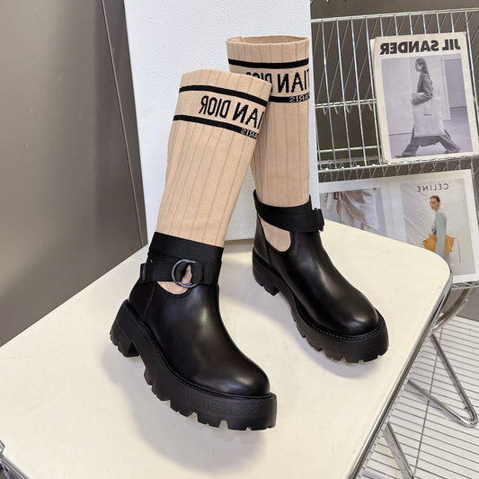 DIOR 25S D-MAJOR ANKLE BOOTS IN BLACK CALFSKIN AND LIGHT BEIGE FABRIC - 35