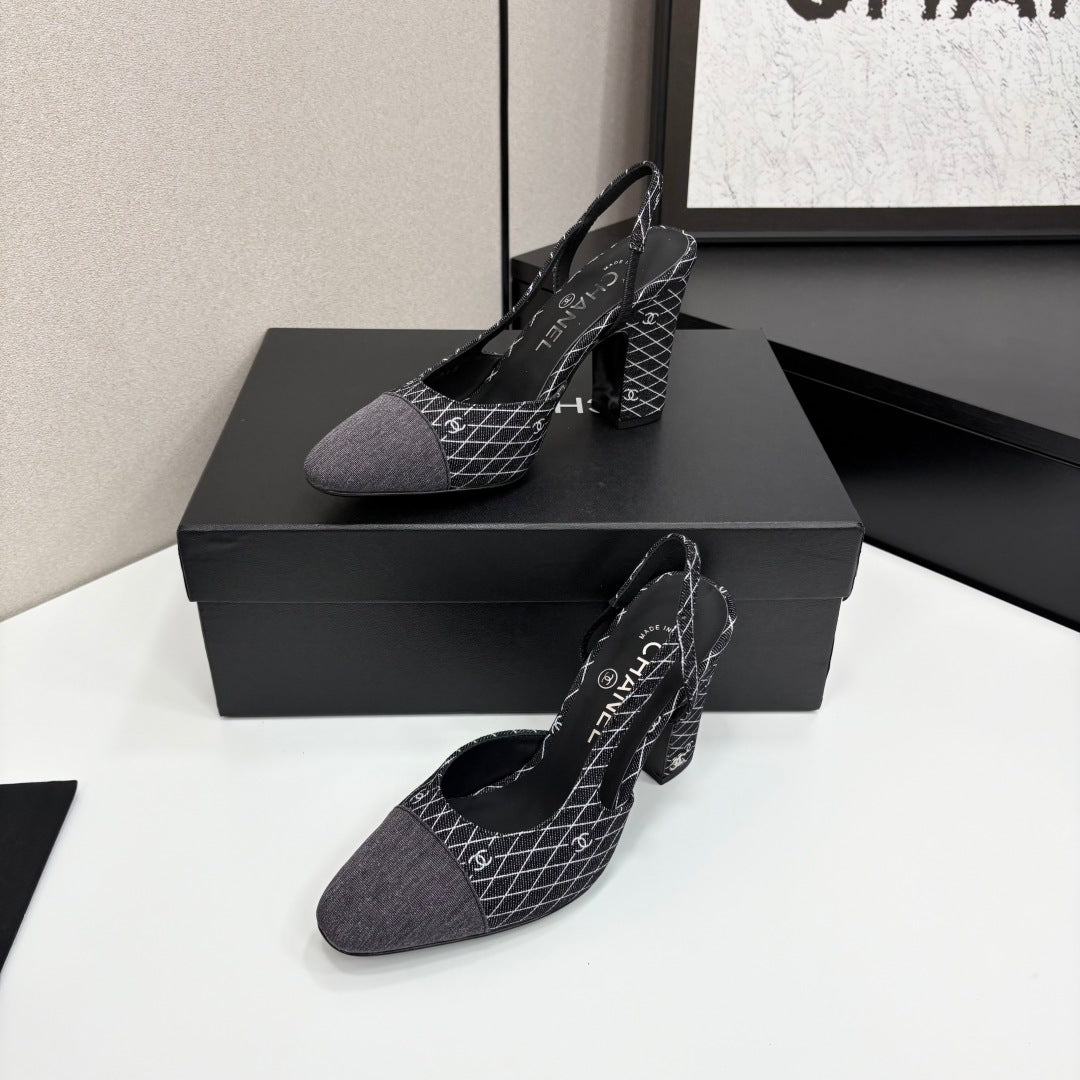 CC SLINGBACK 25S 90 MM IN BLACK DENIM WITH PLAID PATTERN - 34