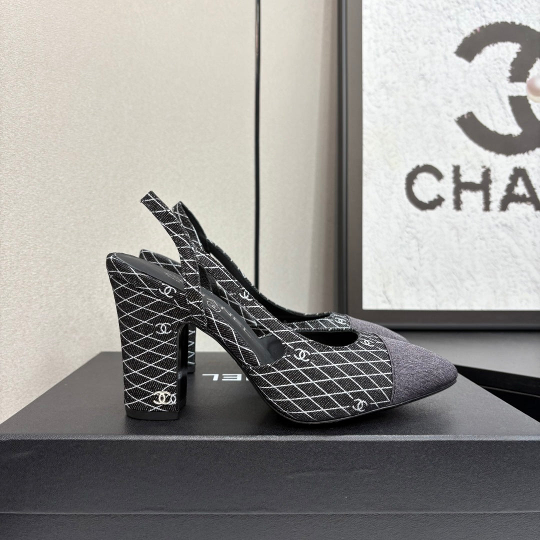 CC SLINGBACK 25S 90 MM IN BLACK DENIM WITH PLAID PATTERN - 34