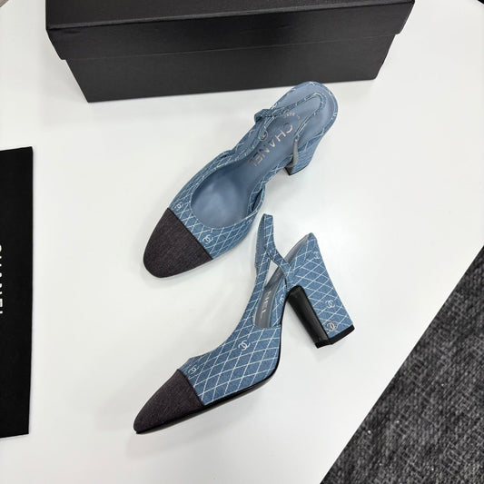 CC SLINGBACK 25S 90 MM IN BLUE DENIM WITH PLAID PATTERN - 34