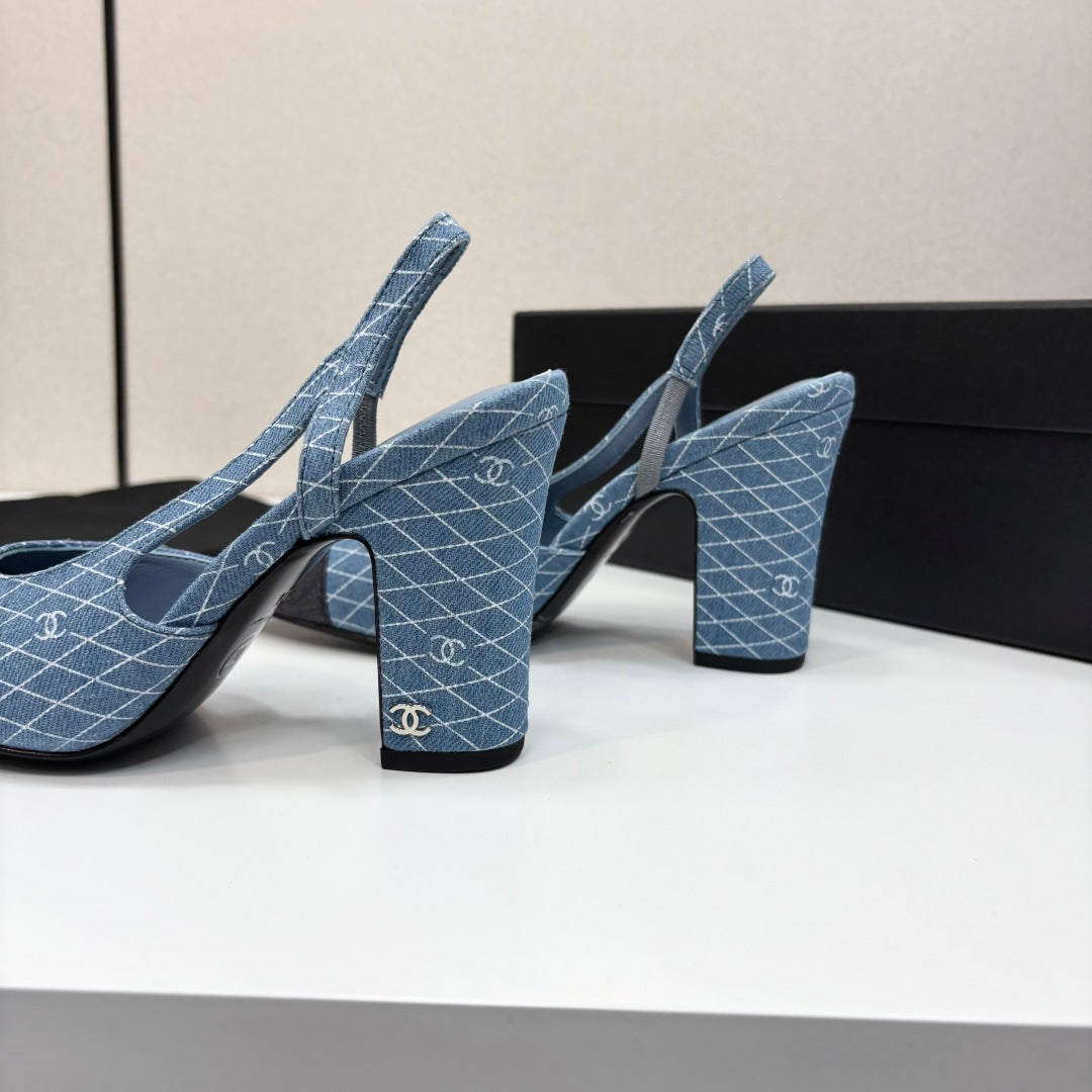 CC SLINGBACK 25S 90 MM IN BLUE DENIM WITH PLAID PATTERN - 34